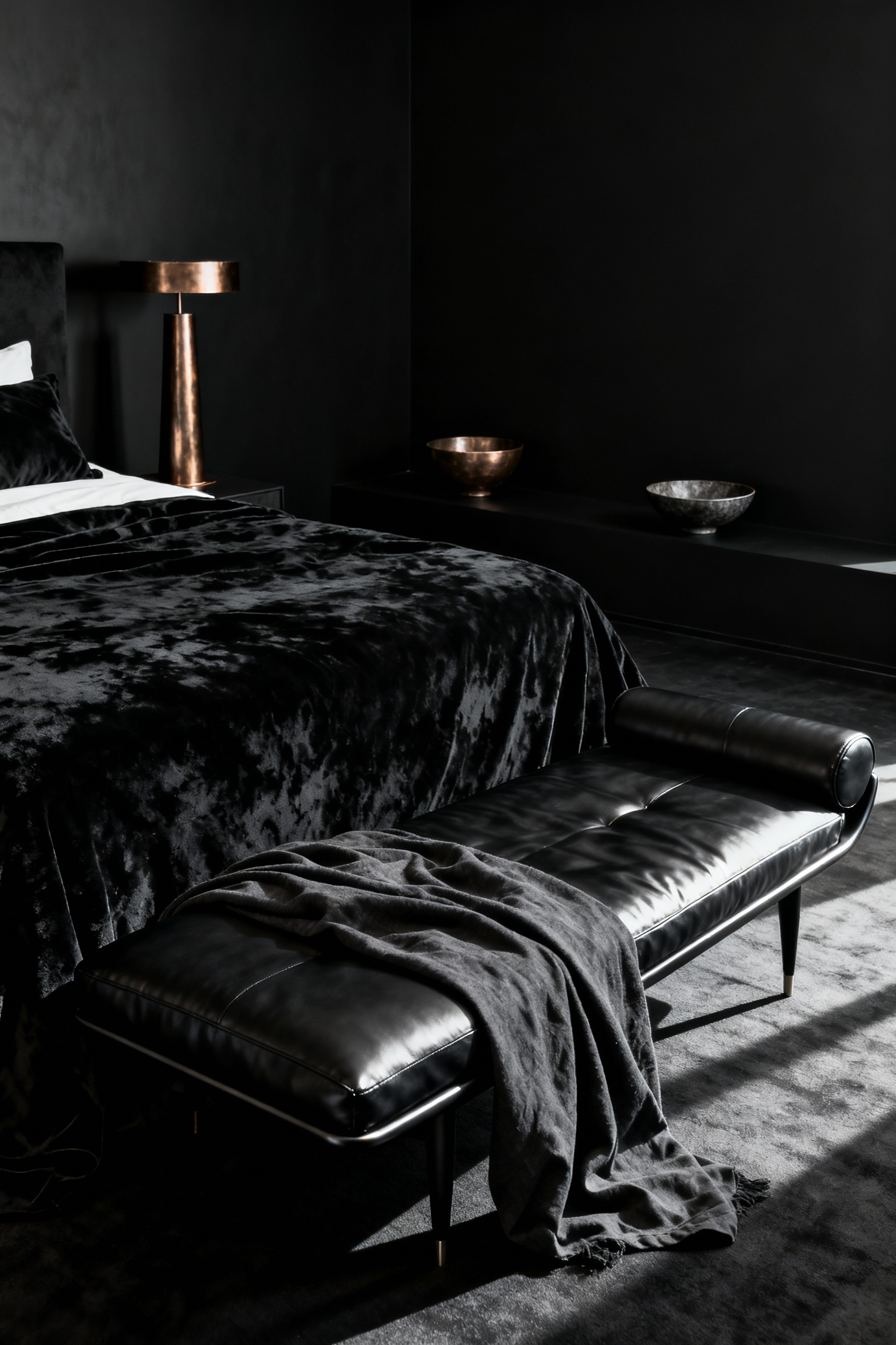 A dramatic black bedroom interior showcasing texture as the primary element, featuring contrasting materials: deeply matte velvet bedding, softly wrinkled linen throw, and sharply reflective semi-gloss leather furniture.