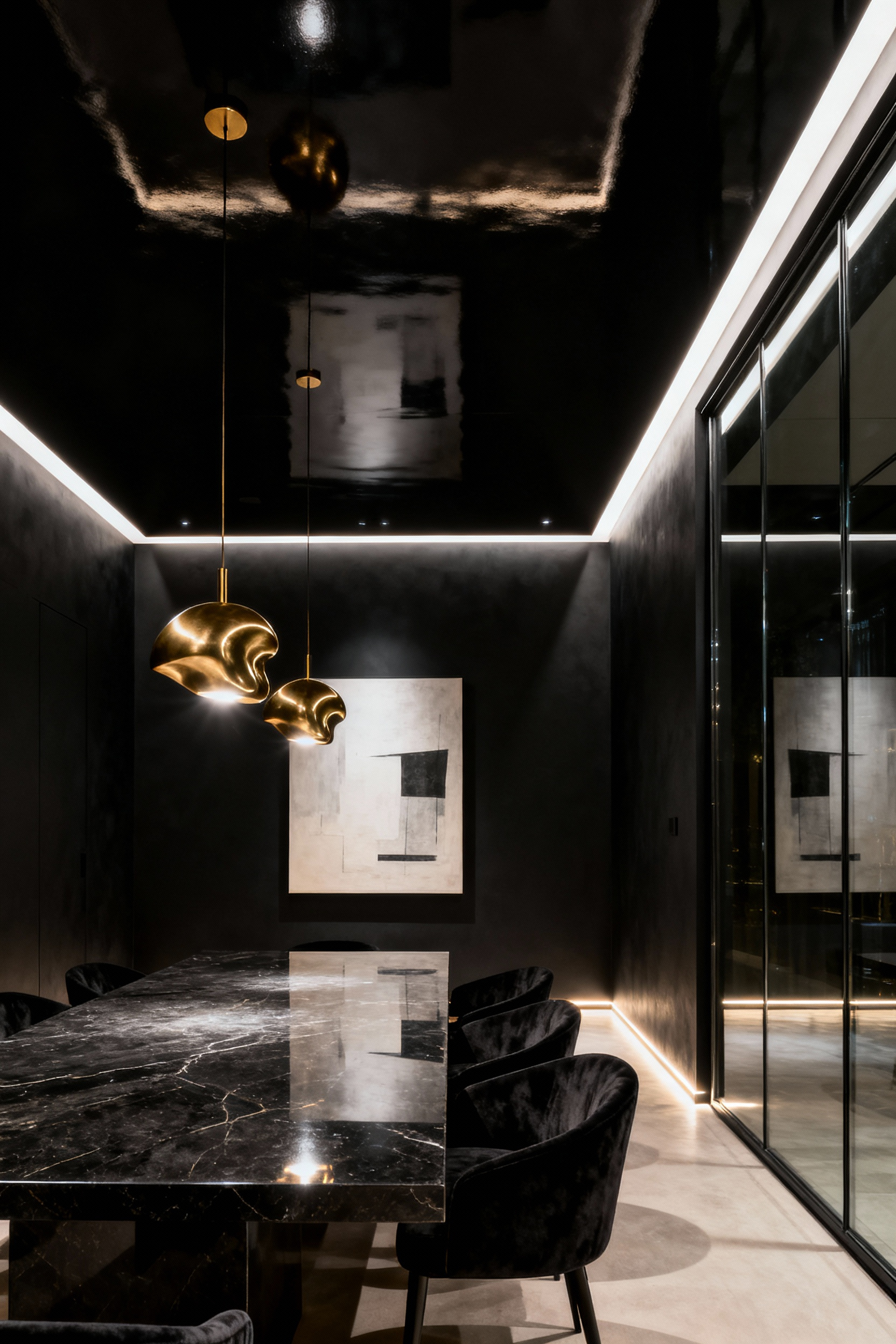 An elegant black dining room featuring matte and glossy black surfaces, sophisticated brass pendant lights, a dark polished stone table, velvet chairs, and a smoked glass mirror. The multi-tiered lighting enhances depth and creates an expansive, luxurious feel. No people.