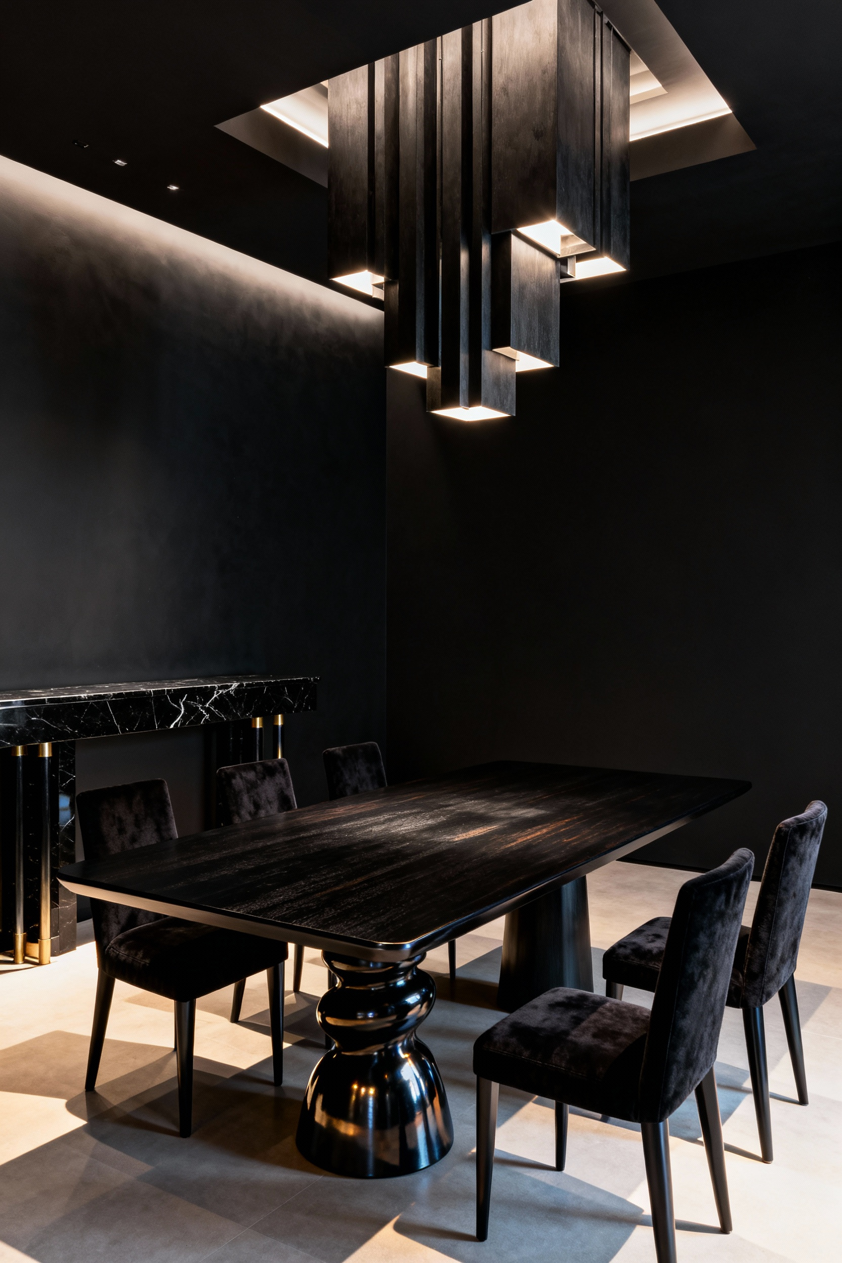 A luxurious black dining room featuring a grand ebonized wood dining table with a sculpted pedestal base and elegant, high-backed dark velvet chairs. Polished brass accents and a black marble console add texture, all dramatically lit to emphasize furniture silhouettes.