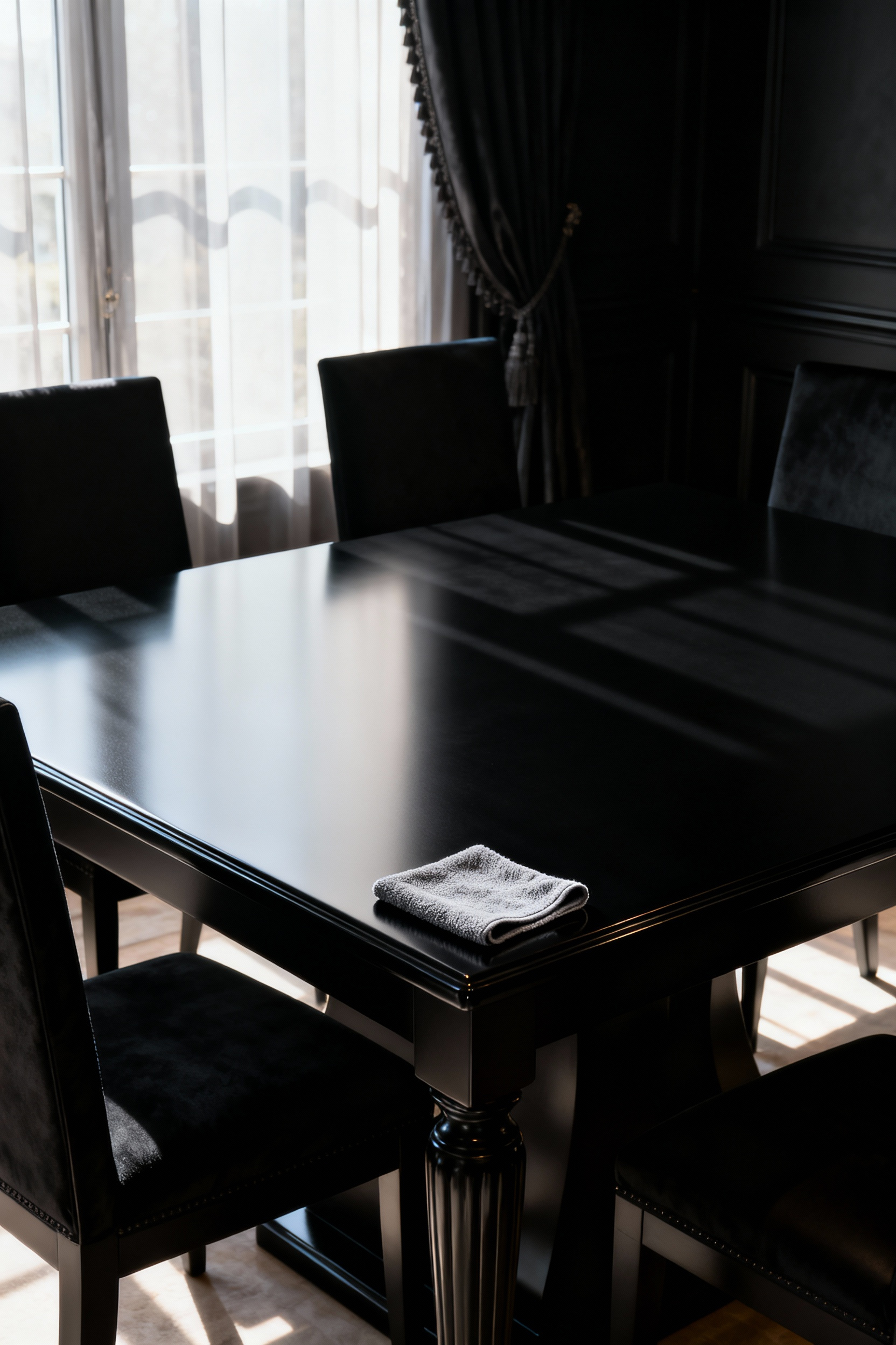 A meticulously maintained black dining room with a polished ebony table, black chairs, and dark walls under soft, diffused lighting, featuring a microfiber cloth to emphasize care for pristine dark surfaces and sophisticated finishes.