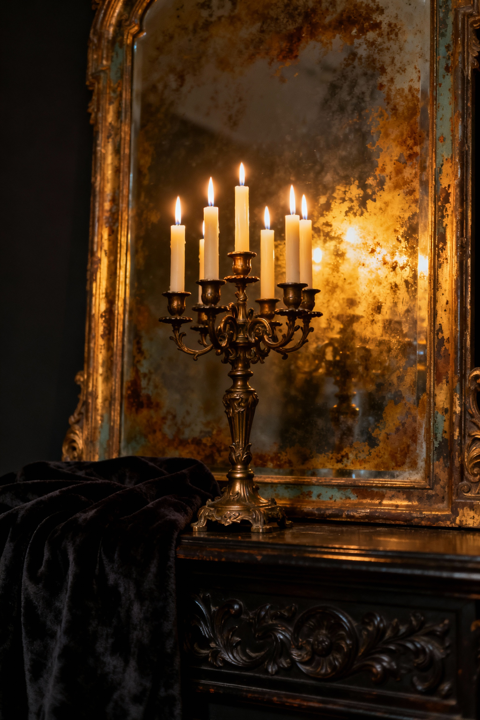 A moody photograph showing a large, ornate candelabra reflecting in a heavily tarnished antique mirror against a matte black bedroom wall, emphasizing the warm, doubled flicker of candlelight and dramatic low-key contrast.