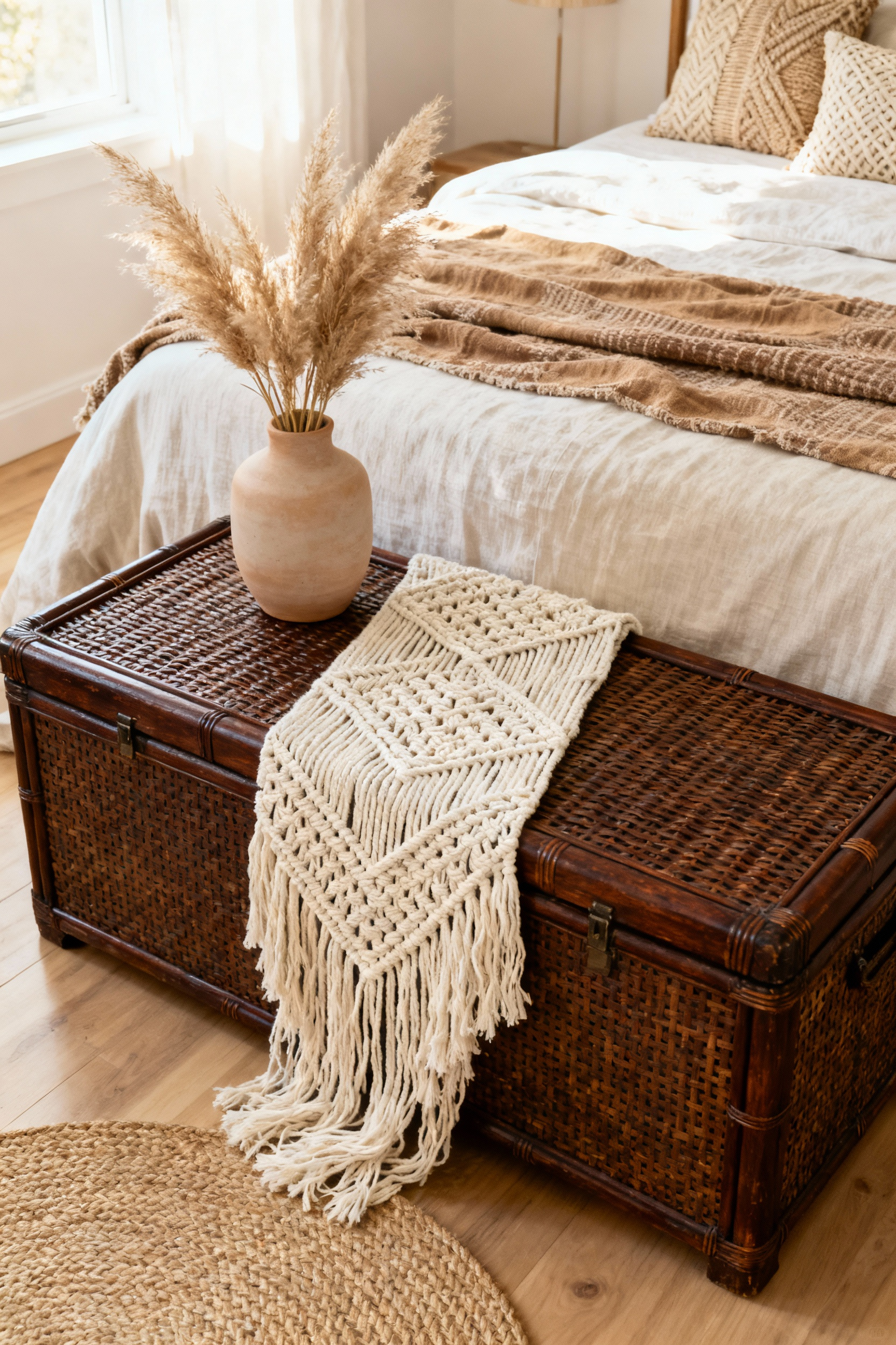 Vintage rattan storage trunk positioned at the foot of a bed, draped with a fringed macrame runner, serving as functional boho bedroom furniture.