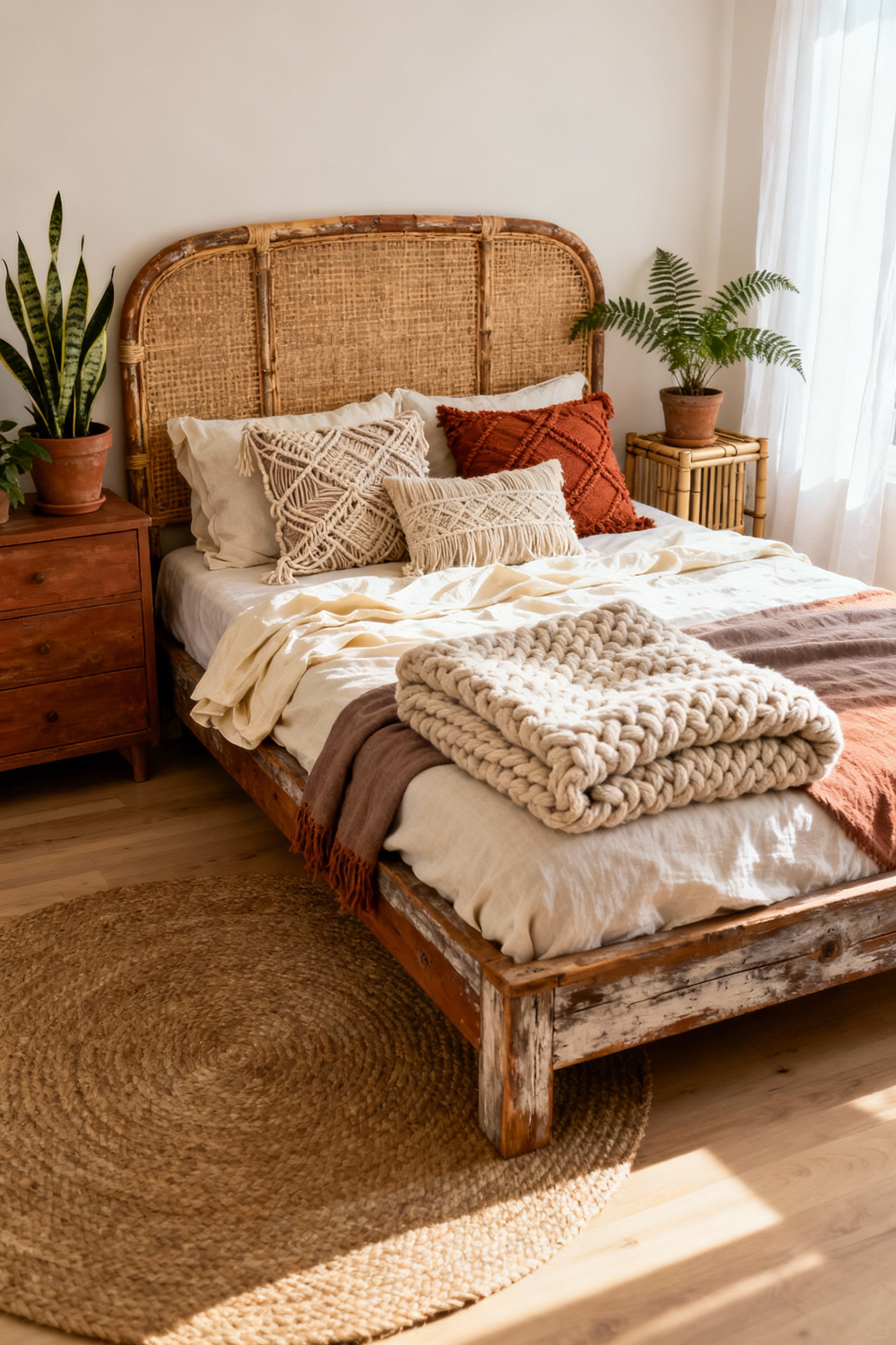 A cozy, fully furnished boho bedroom showcasing a natural cane headboard, weathered wooden furniture, layered linen bedding, and chunky cotton textures, embodying a sustainable, organic aesthetic.