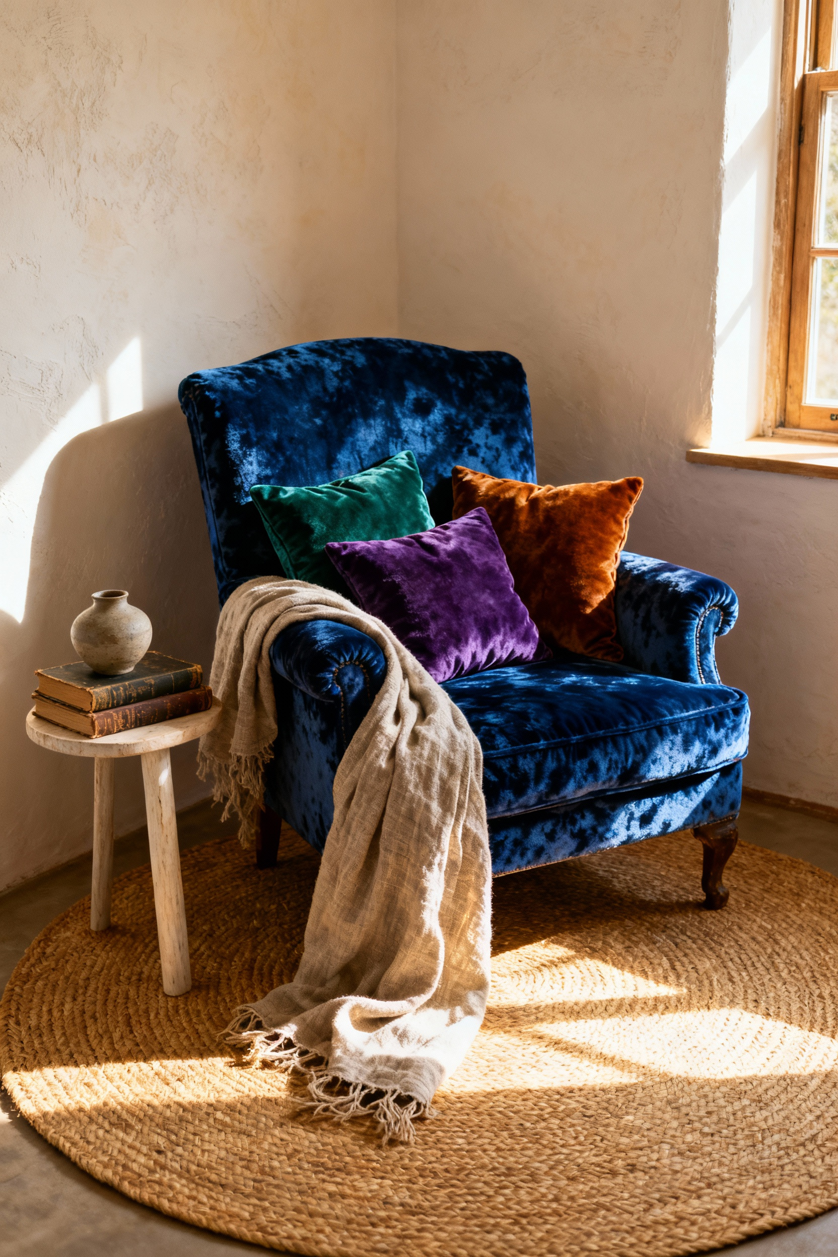 A sapphire blue crushed-velvet armchair sits on a rattan rug in a boho bedroom, accented by emerald and amethyst velvet throw pillows for deep tactile comfort.