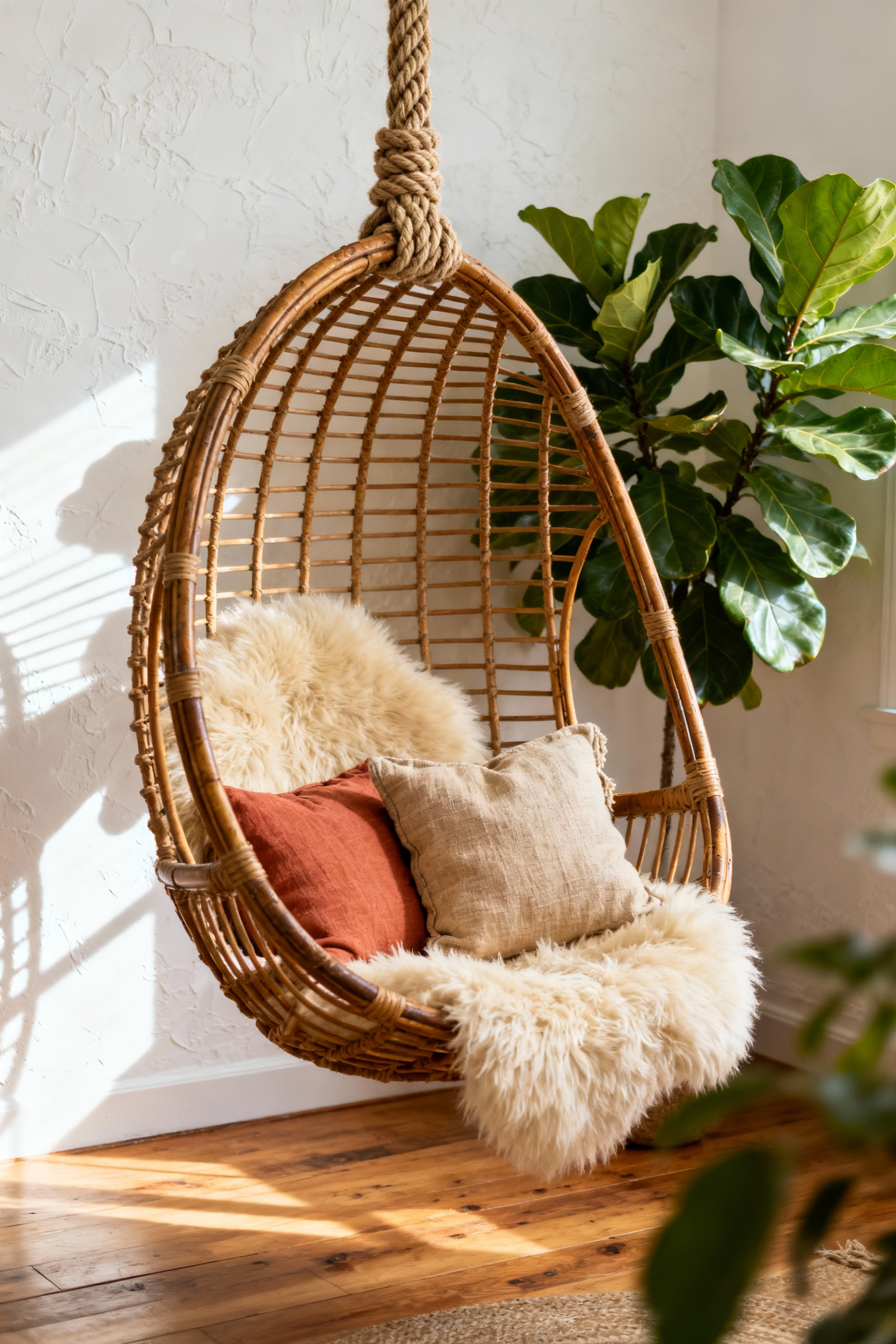 A suspended woven rattan egg chair hanging in a sunlit, empty corner of a boho bedroom, dressed with a cream sheepskin throw and linen pillows.