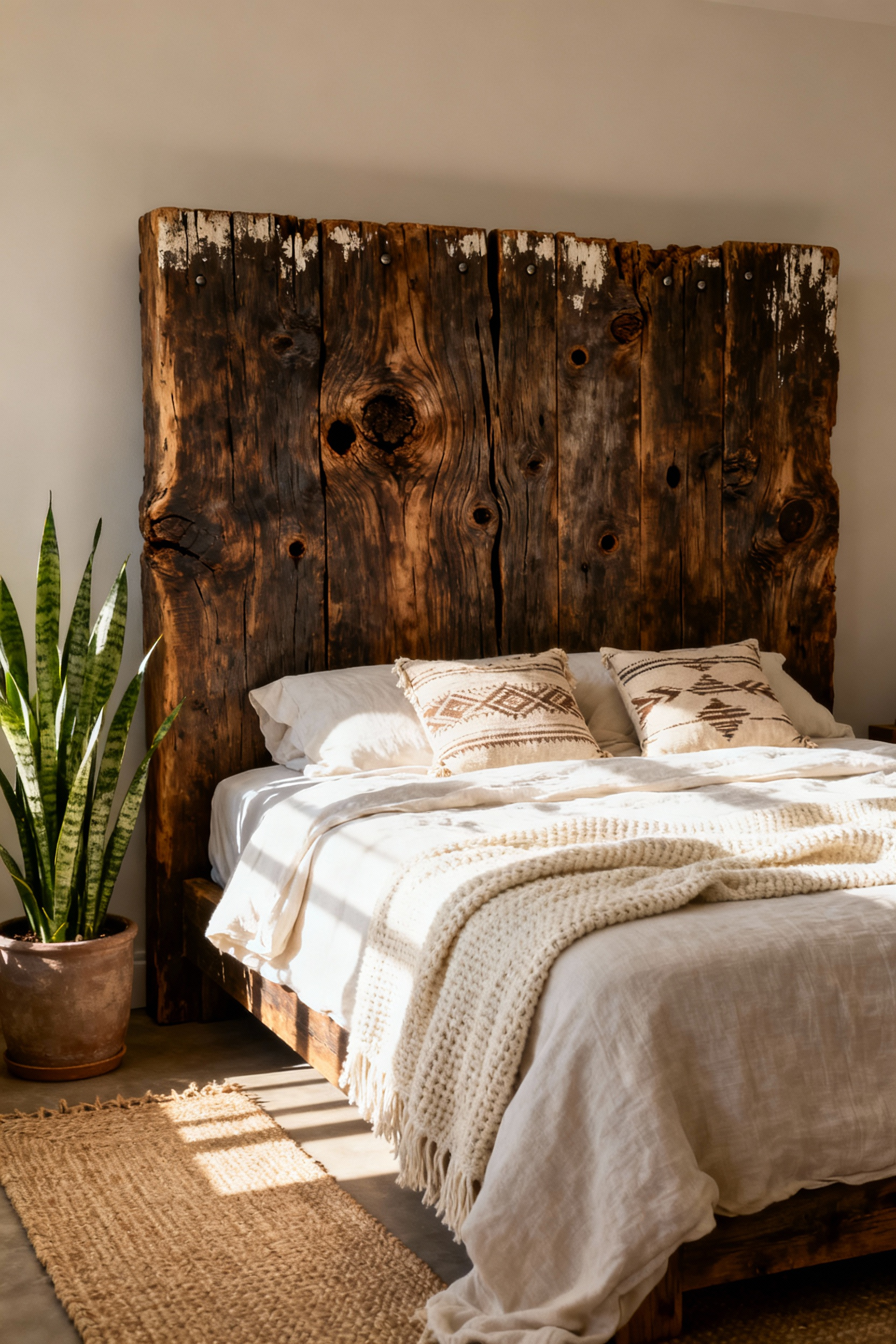 A substantial, rustic reclaimed wood headboard anchors a boho bedroom, showcasing visible knots, weathered edges, and natural wood imperfections against soft white linen bedding and layered textures.