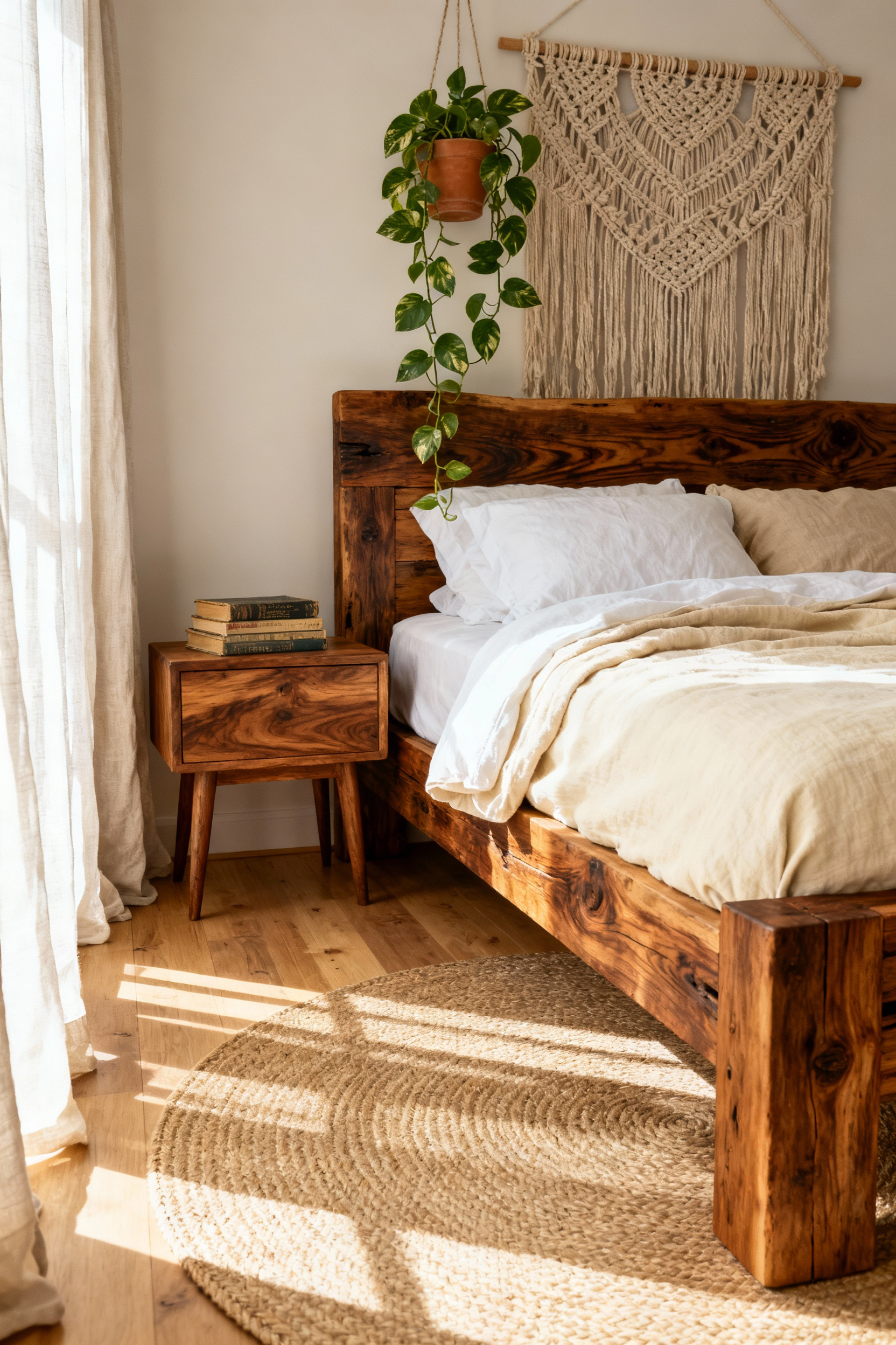A sustainable boho bedroom featuring a solid-wood bed frame and a restored mid-century nightstand, demonstrating the balance between investment pieces and thrifting treasures.