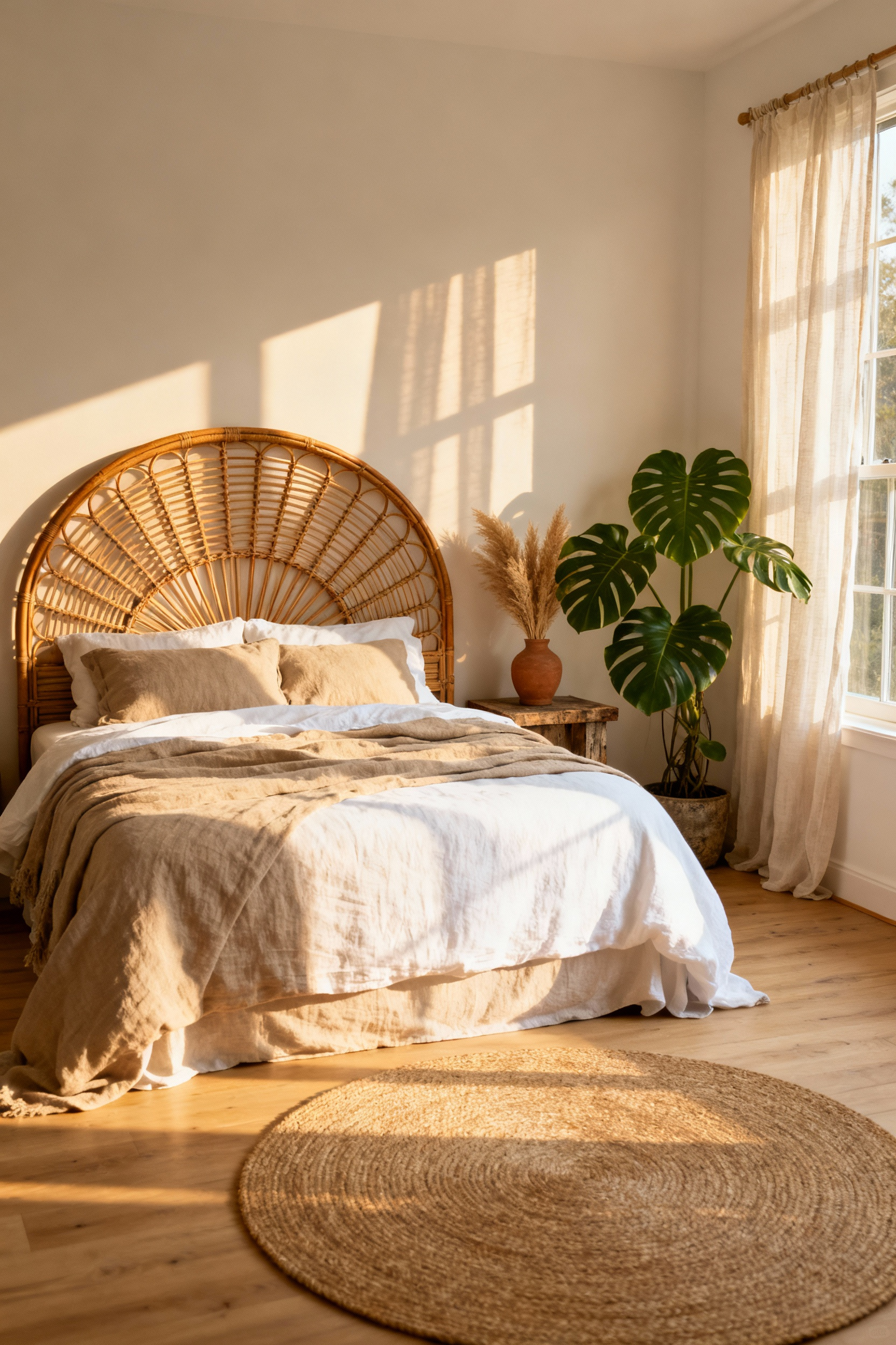 A modern boho bedroom featuring a large, intricately woven rattan cane headboard anchoring the room, complemented by natural linen bedding, a jute rug, and potted greenery.