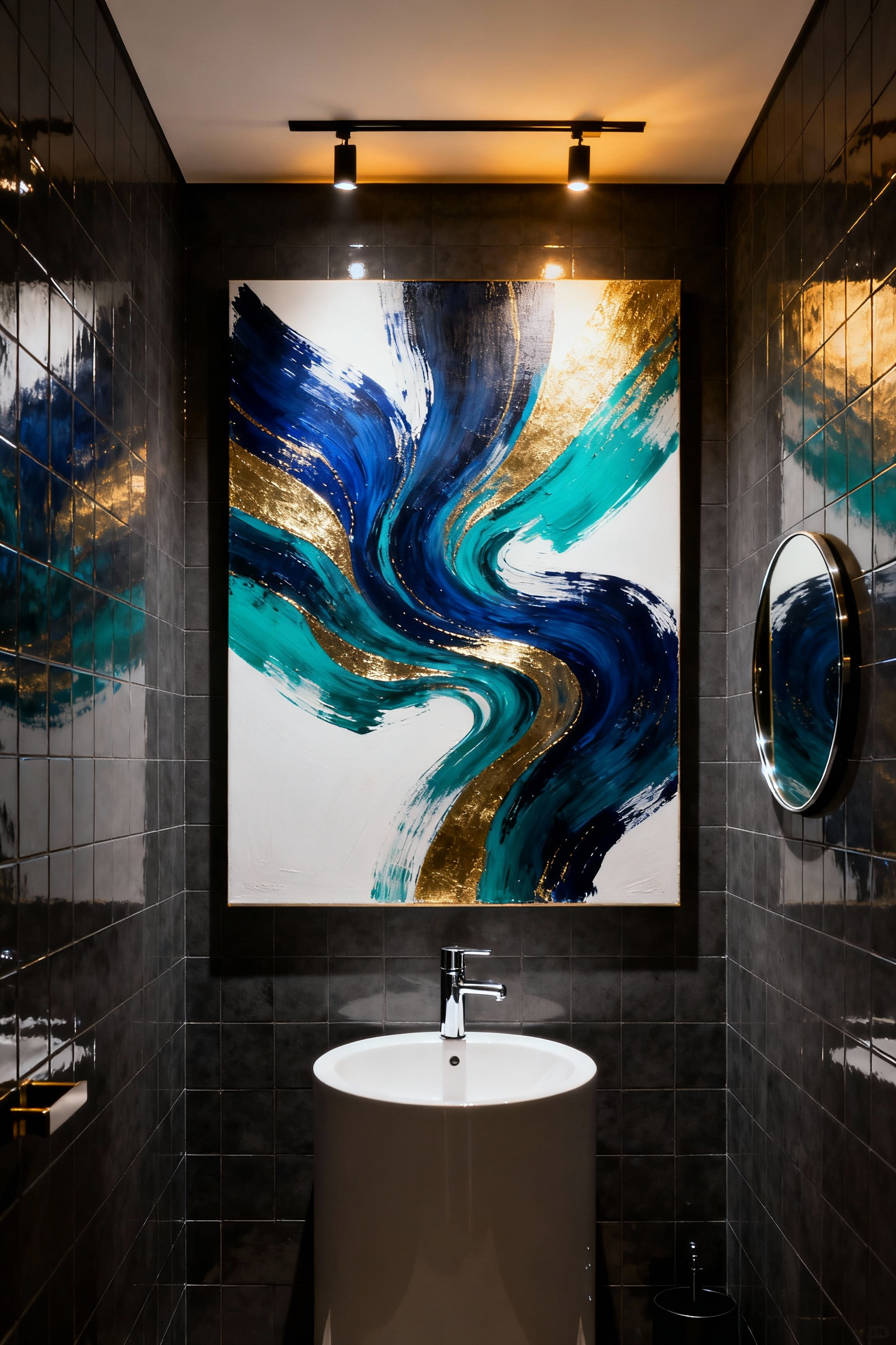 A high-end small powder room featuring a single, wall-dominating abstract canvas with bold indigo and gold graphics, positioned above a minimalist pedestal sink.