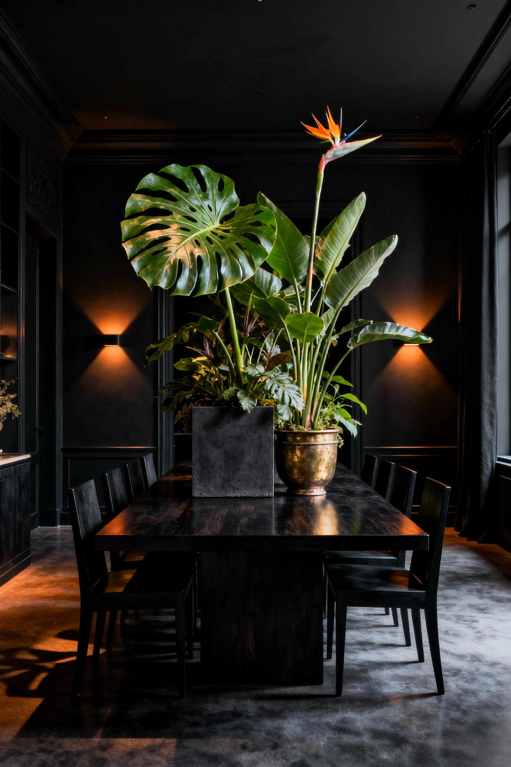 Lush botanical life providing vibrant green contrast in a luxurious black dining room, with plants in dark elegant planters under subtle accent lighting.