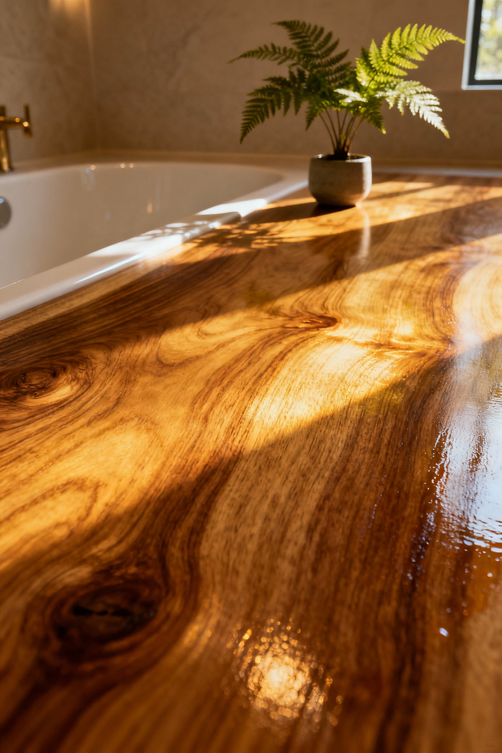 Close-up of naturally polished wooden bathroom surface, showing rich grain and a healthy, radiant sheen from botanical oil treatment, reflecting soft light. Biophilic design elements in background.