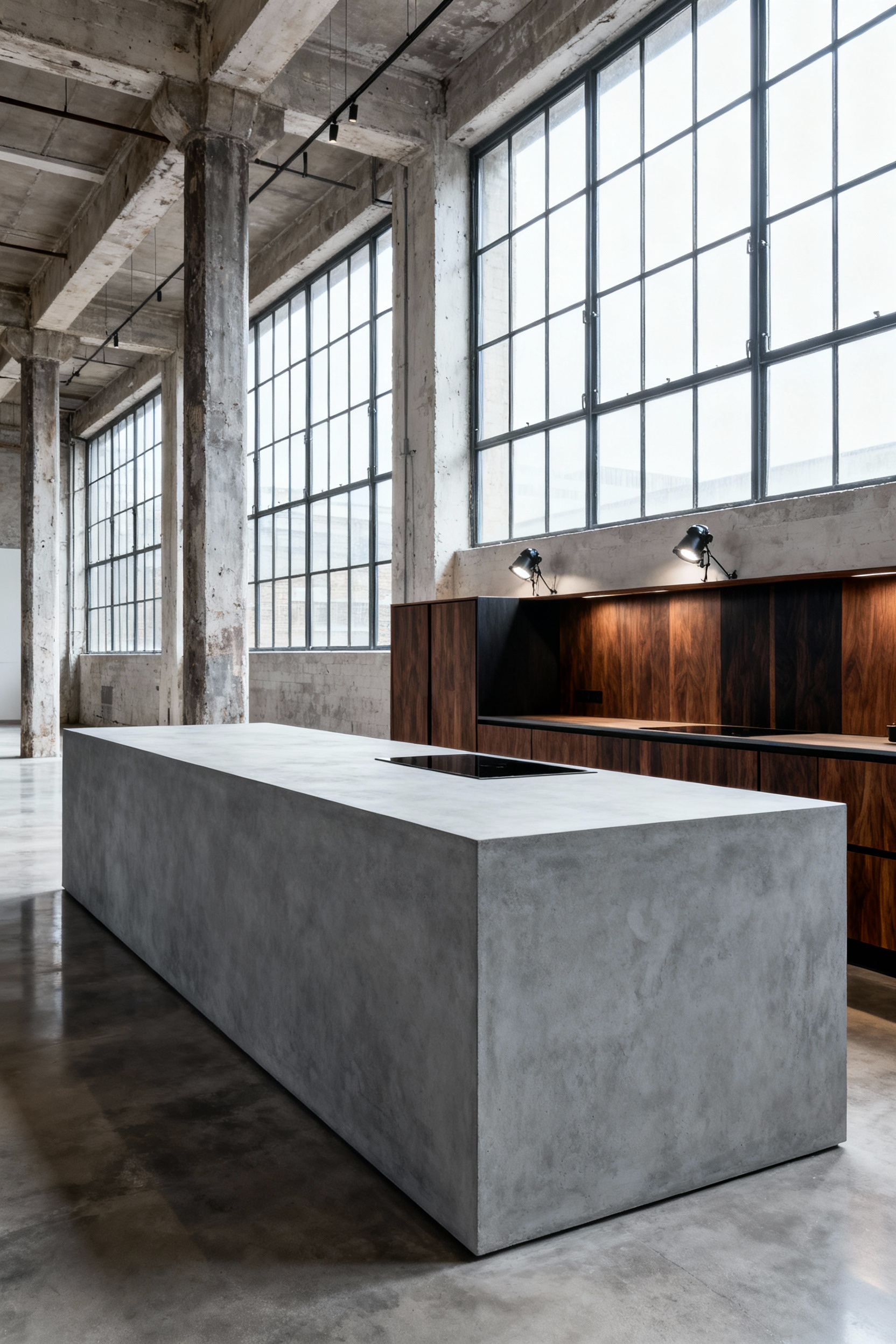 Kitchen island cabinets featuring a monolithic GFRC panel casing in raw gray, dramatically contrasted by rich, vertical-grain Black Walnut cabinet doors, situated in a high-ceiling industrial loft.