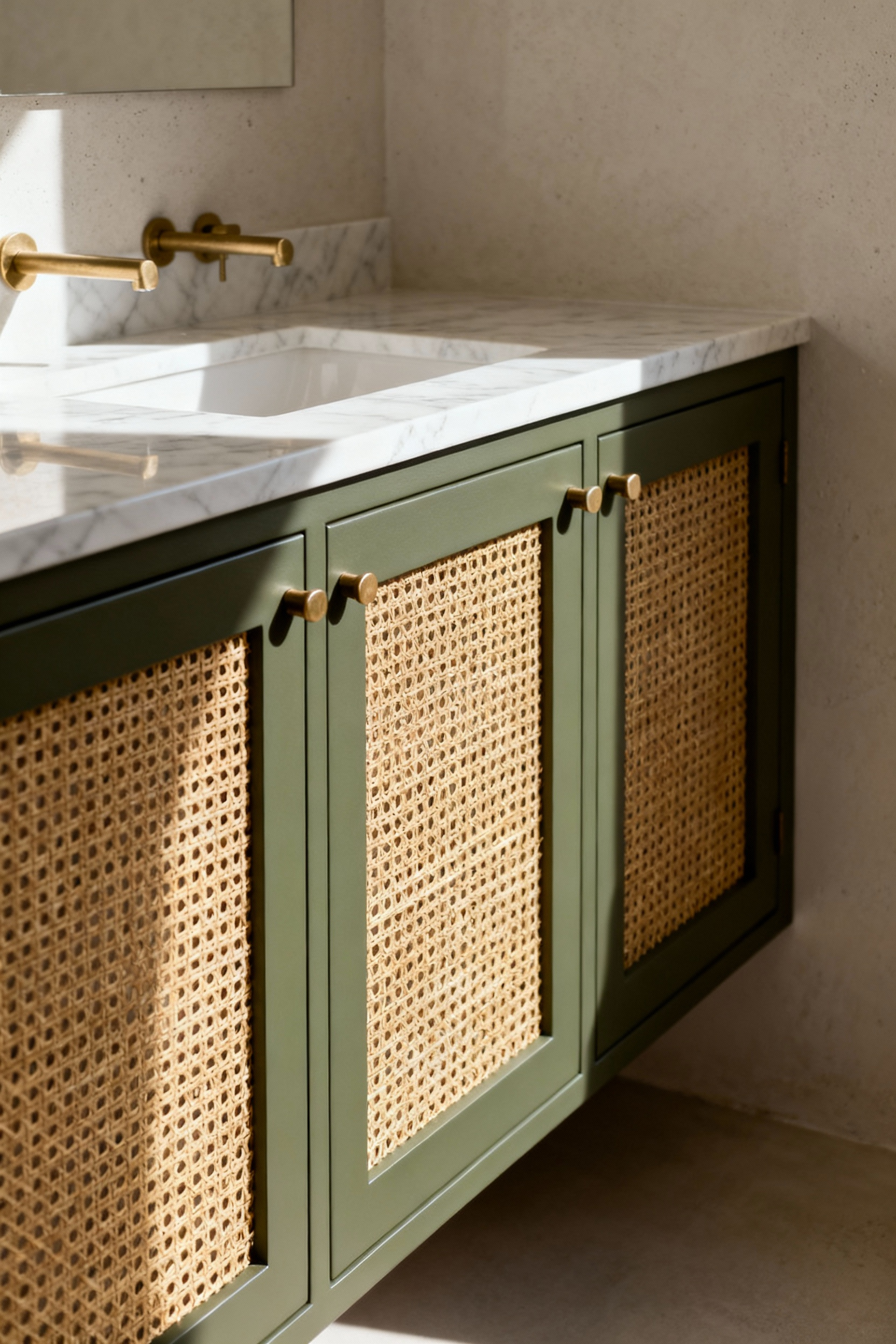 A bespoke sage green bathroom vanity with brushed brass hardware. The cabinet doors feature textural natural cane webbing panels, demonstrating a finished DIY mid-century modern makeover.