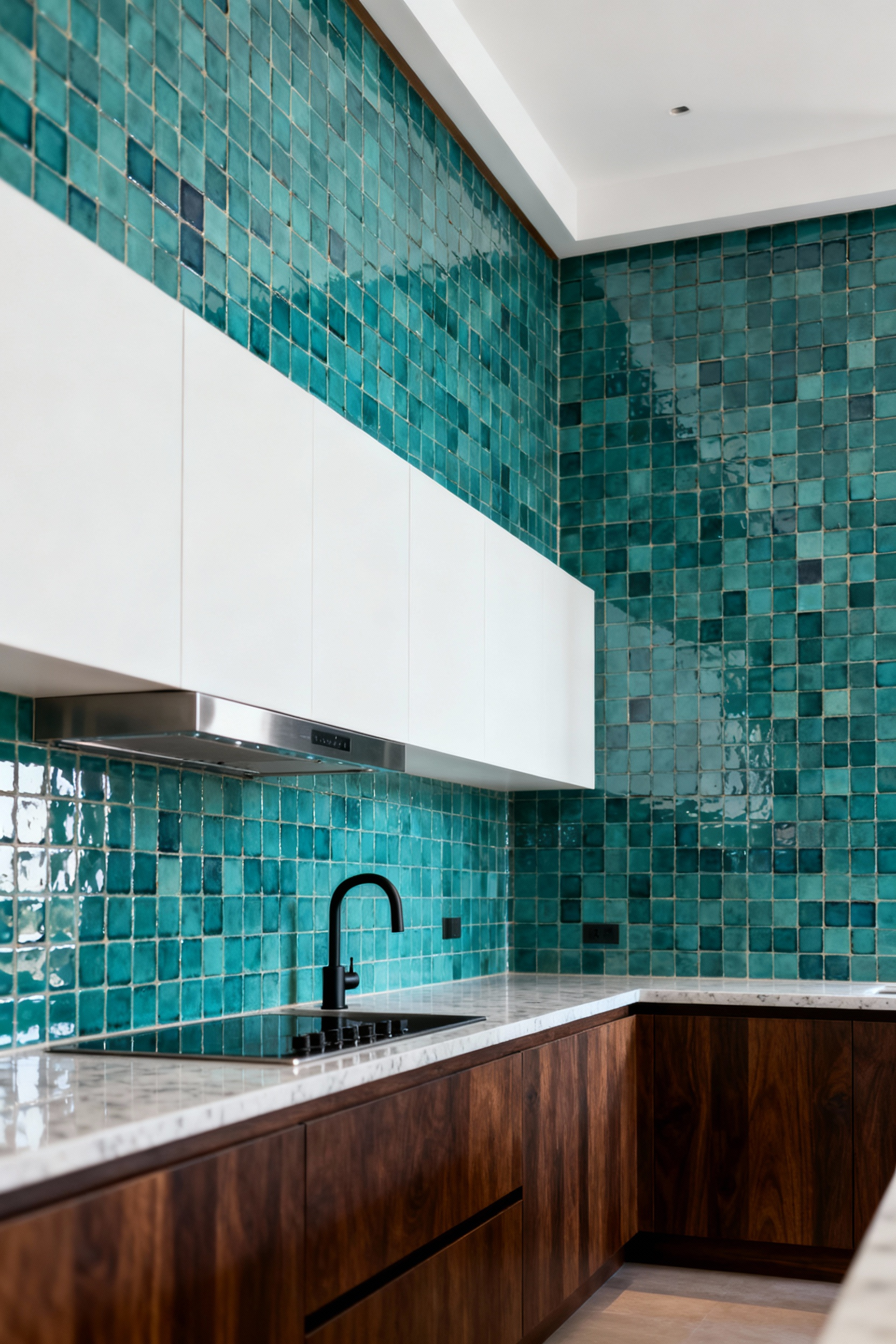 Modern kitchen backsplash tiled with hand-glazed turquoise squares extending dramatically from the countertop all the way to the ceiling above the floating upper white cabinets, maximizing vertical space.
