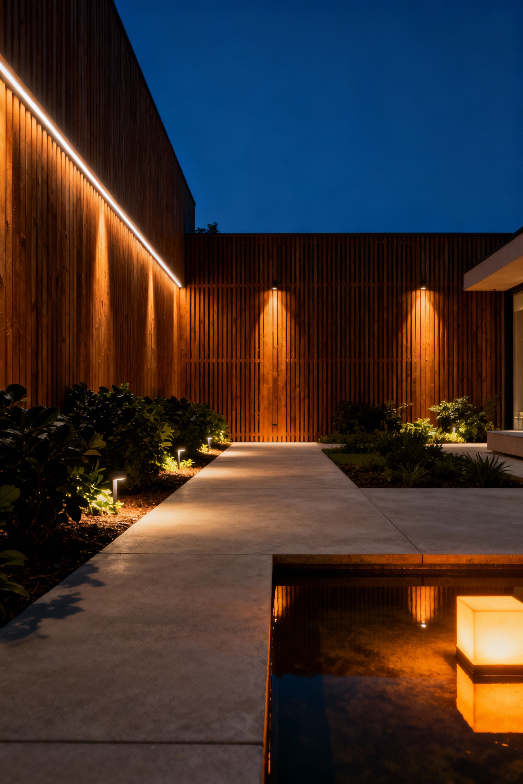 A modern backyard patio illuminated by programmable, warm amber circadian LED lighting during deep twilight, signaling rest and emphasizing thoughtful landscape design.