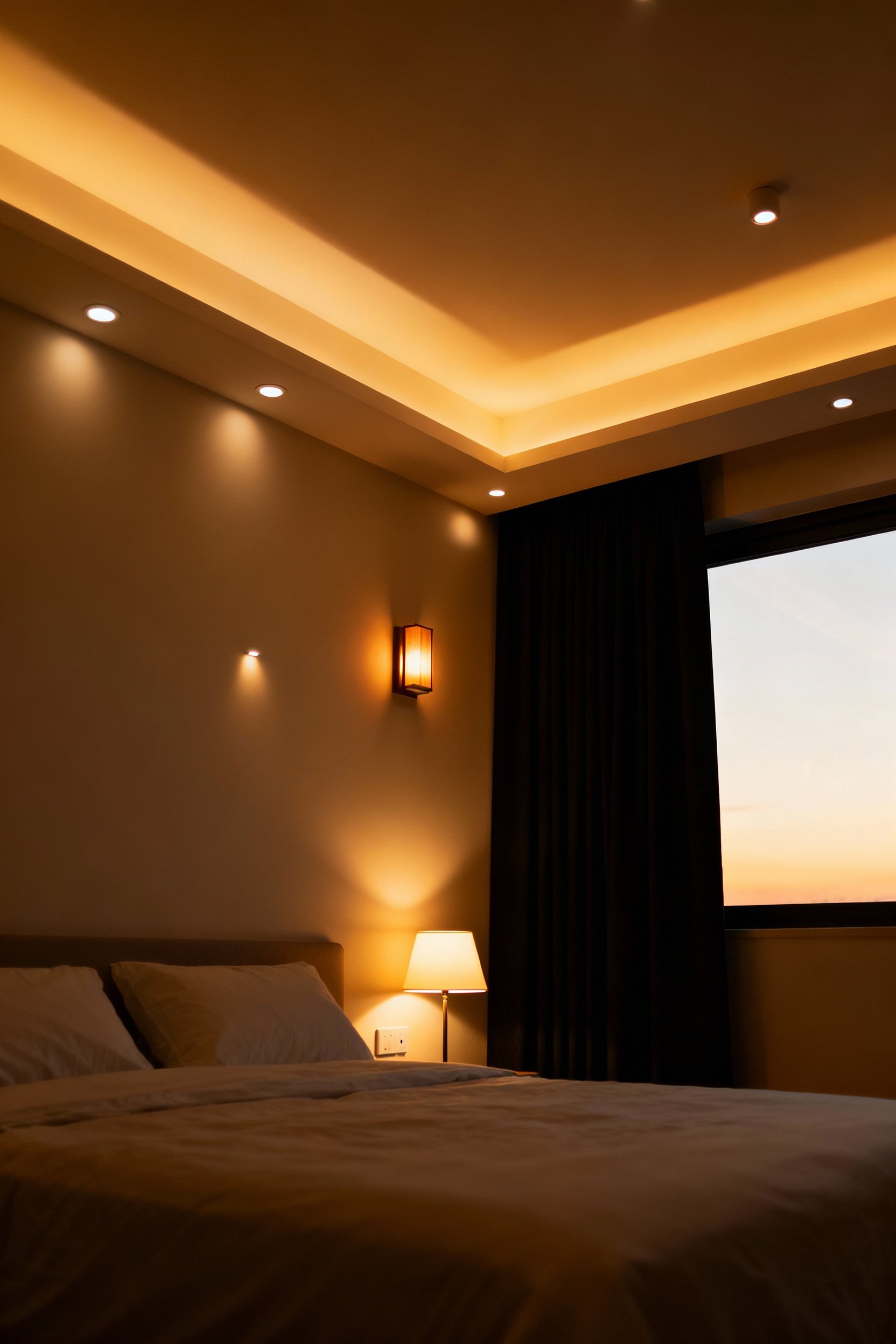 A beautifully lit, cozy bedroom featuring layered circadian lighting, including dim, warm wall sconces, a soft ambient ceiling light, and a bedside lamp, with blackout curtains to optimize illumination for rest.