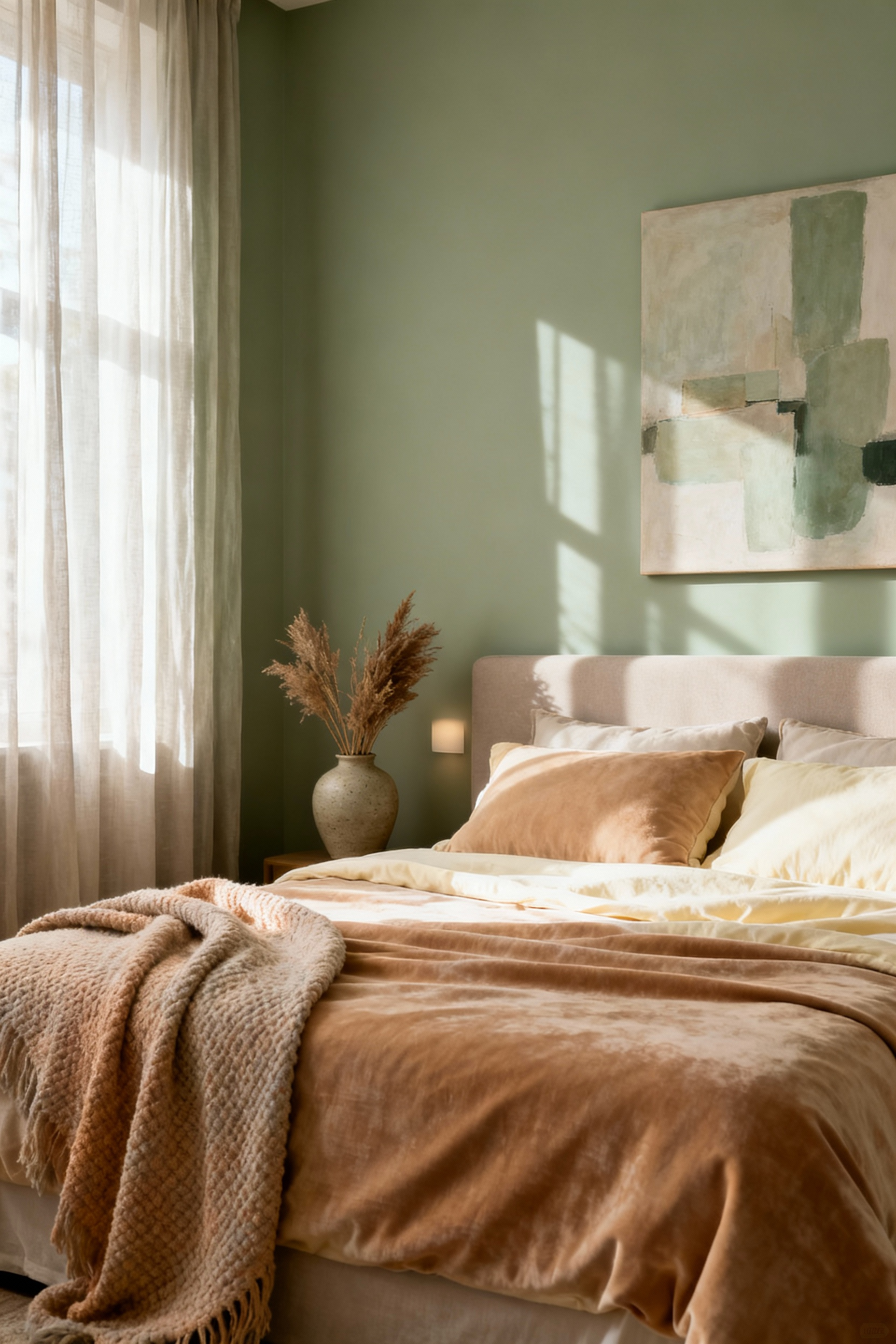 Cozy bedroom with walls painted in a soft, muted sage green, complemented by warm beige and cream linens. Natural light streams in, highlighting a peaceful, tranquil atmosphere designed using color psychology principles for emotional resonance. No people present.