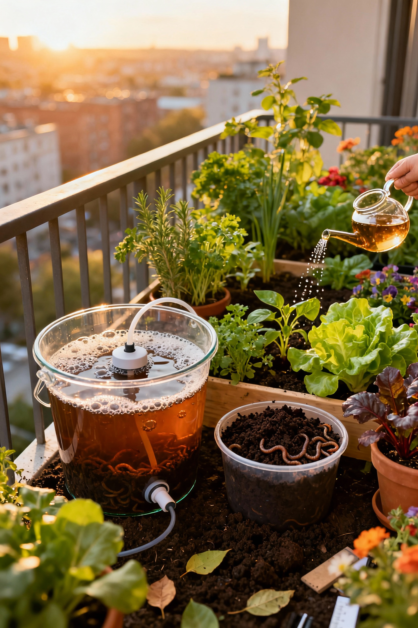 Vibrant balcony garden scene with homemade compost tea brewing and worm castings application, fostering natural nutrient cycling and healthy plant growth.
