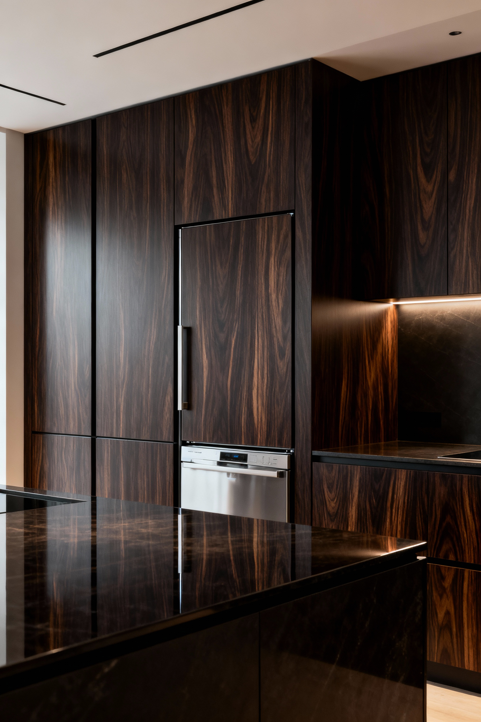 A luxurious modern kitchen with dark, continuous-grain wood cabinetry, featuring seamlessly integrated, hidden appliances that are completely concealed behind panels, emphasizing a clean and uncluttered aesthetic.