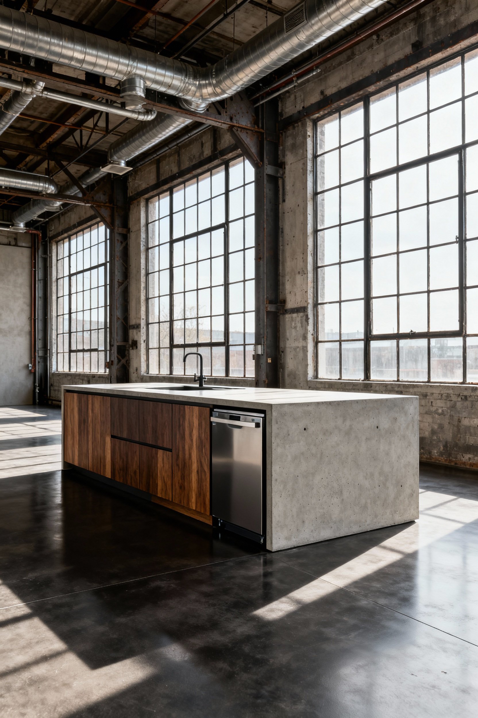A wide-shot of a brutalist kitchen island made of raw, board-formed concrete in an industrial loft. The lower section features seamless, handleless, panel-ready cabinets in dark wood veneer, visually concealing all kitchen appliances to achieve a refined, sculptural furniture aesthetic.
