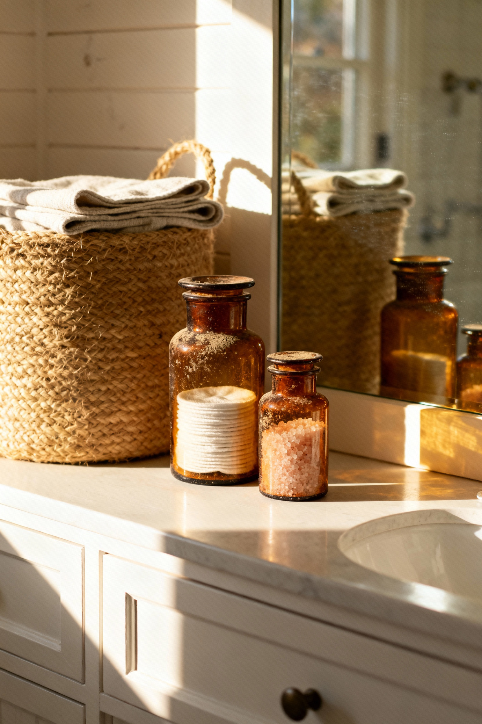 Vintage amber apothecary jars and a natural woven basket organized for sustainable, zero-waste storage on a white wooden vanity in a light-filled cottage bathroom.