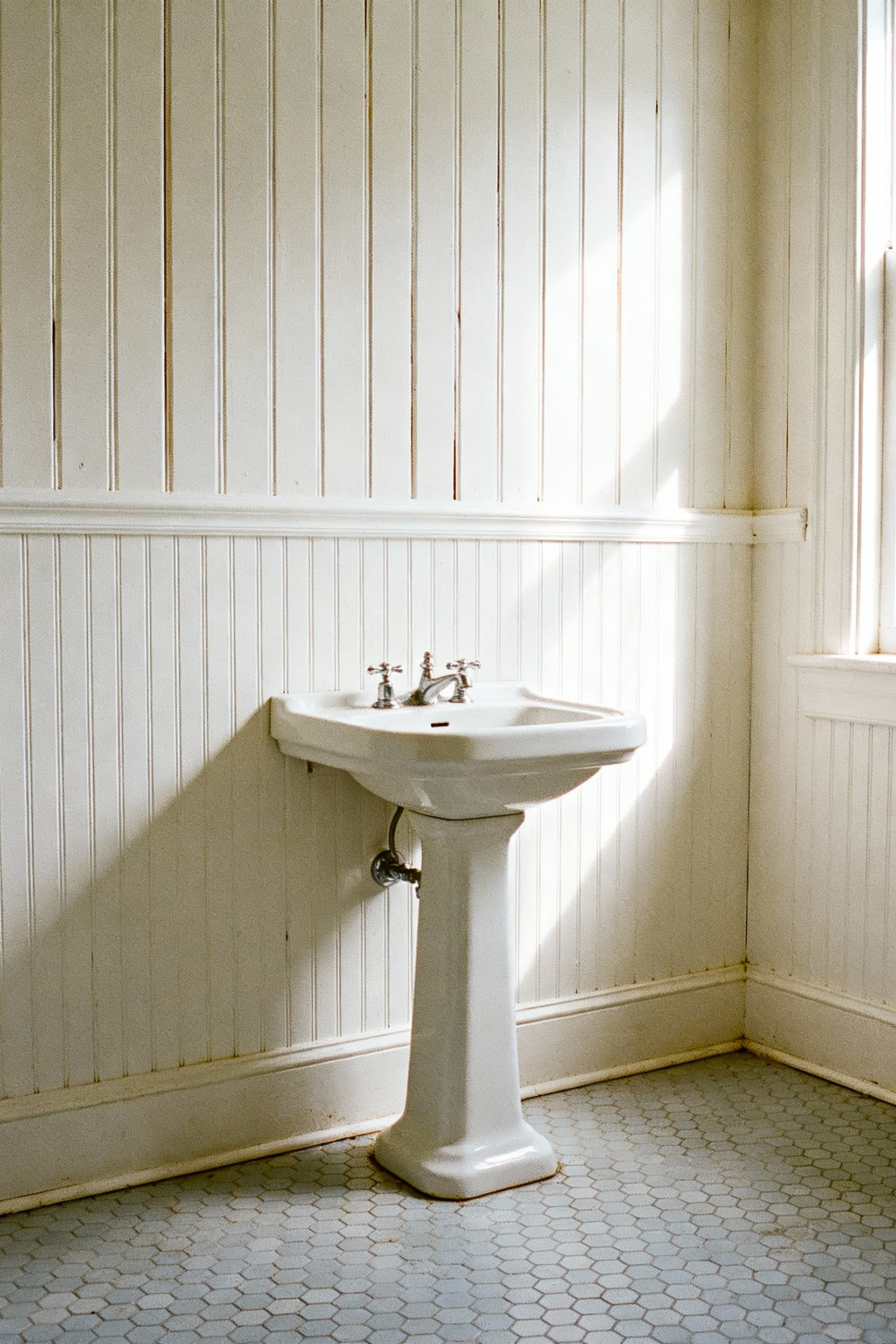Crisp white cottage bathroom featuring detailed beadboard wainscoting beneath vertical shiplap paneling, showcasing moisture-resistant architectural texture ideal for high-humidity areas.