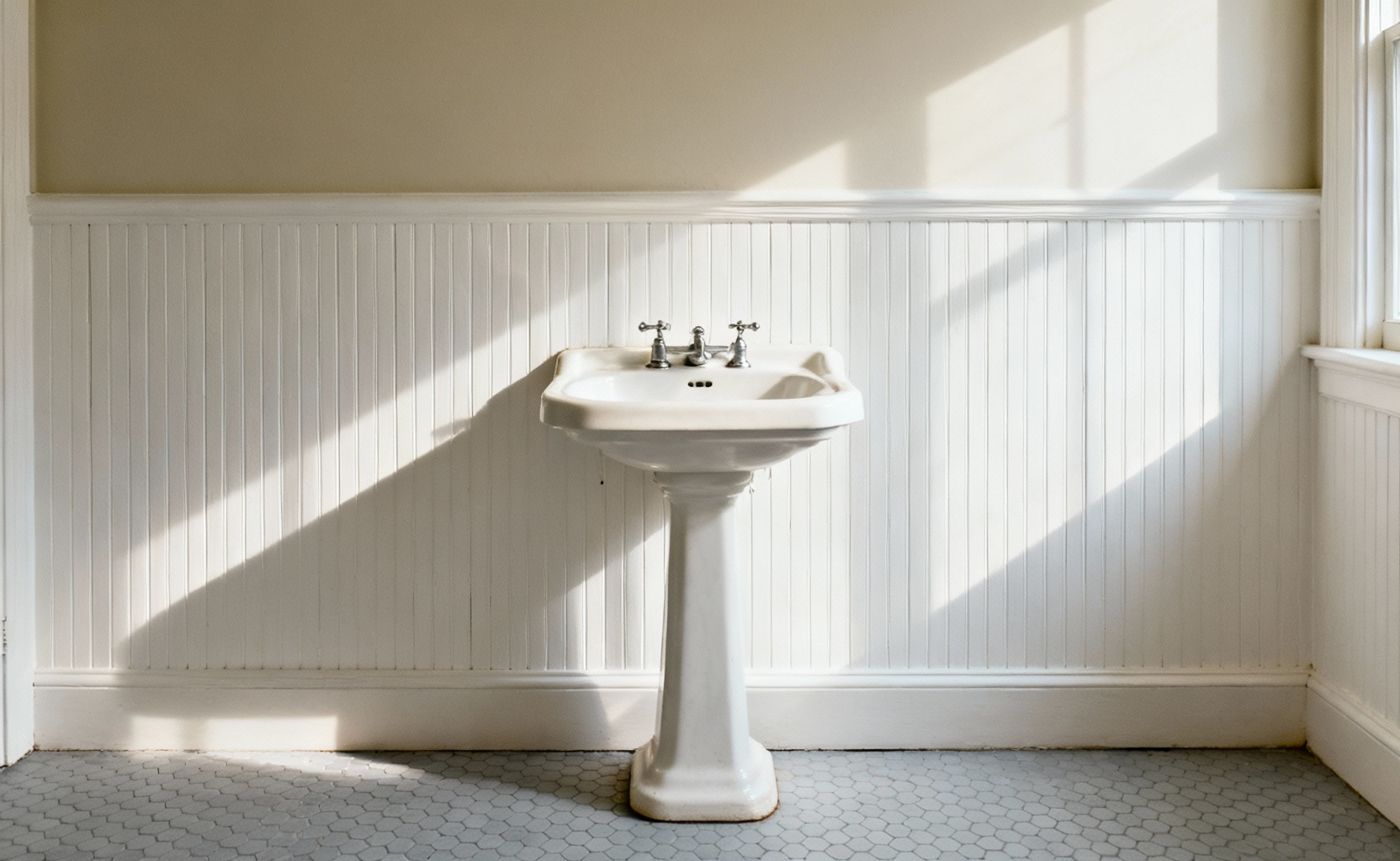 Crisp white cottage bathroom featuring detailed beadboard wainscoting beneath vertical shiplap paneling, showcasing moisture-resistant architectural texture ideal for high-humidity areas.