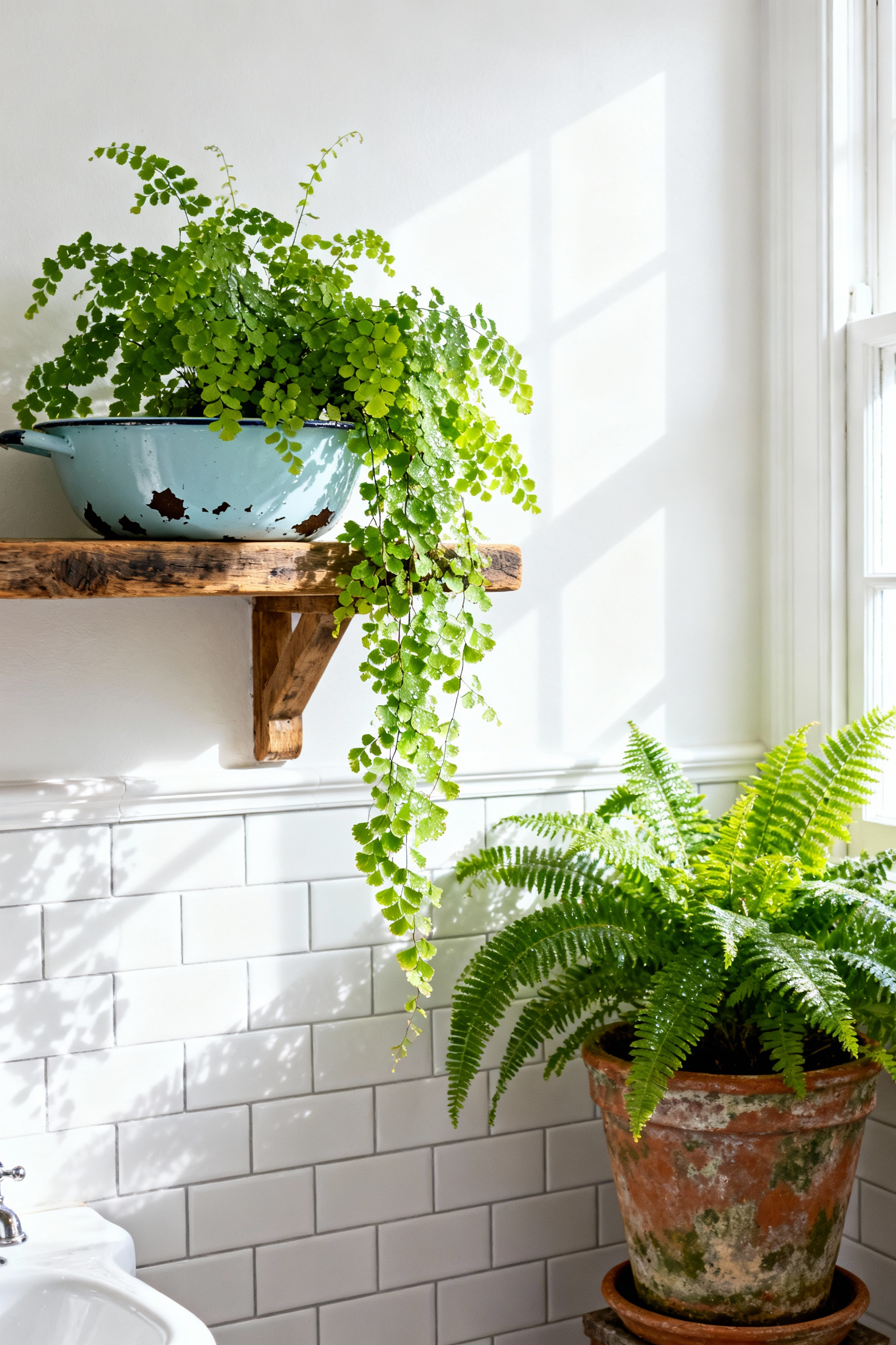 A bright cottage bathroom scene showcasing lush humidity-loving Maidenhair and Boston ferns potted in unique vintage containers, including a chipped enamelware basin, thriving against white tile and shiplap walls.