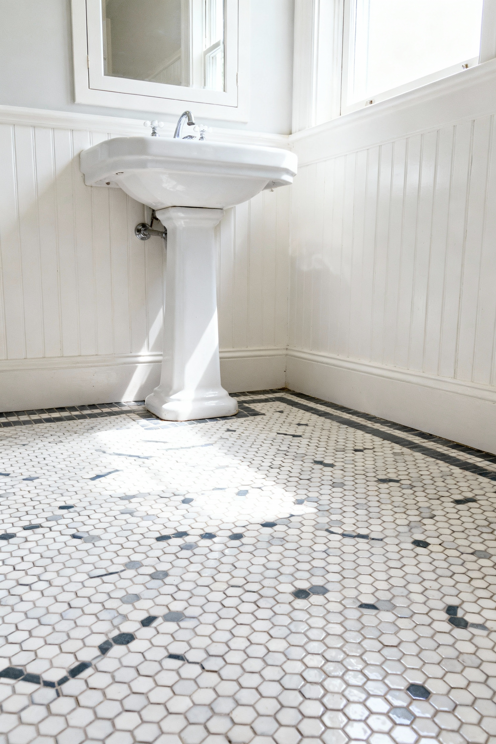 Detailed view of restored cottage bathroom flooring featuring classic white hexagonal (honeycomb) ceramic mosaic tiles with dark grout lines, visible next to the porcelain base of a pedestal sink.