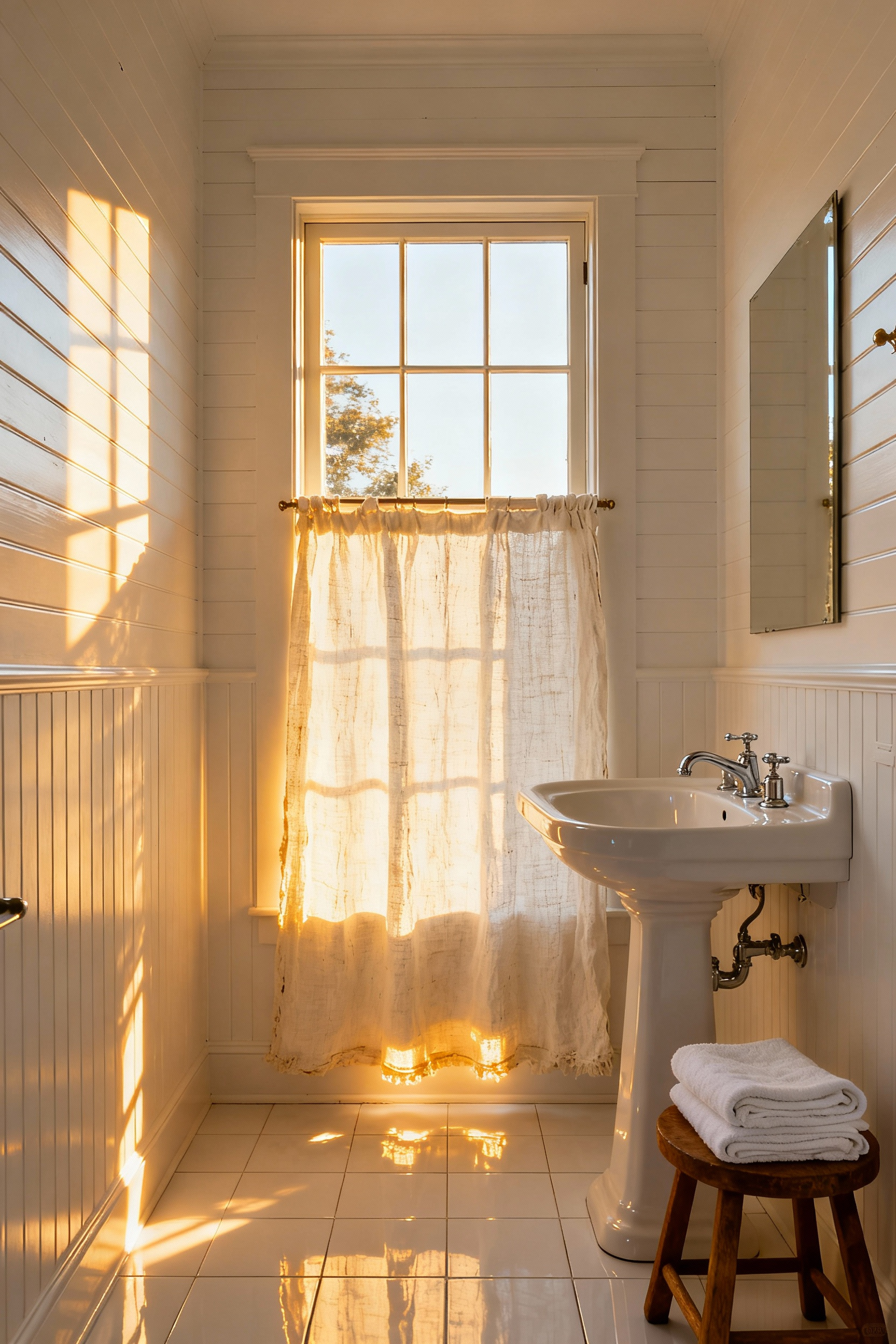 A bright cottage bathroom interior showcasing a window dressed with a simple natural linen café curtain installed at the bottom third of the pane, effectively blocking the lower view while allowing brilliant, unfiltered sunlight to flood the upper section of the room.