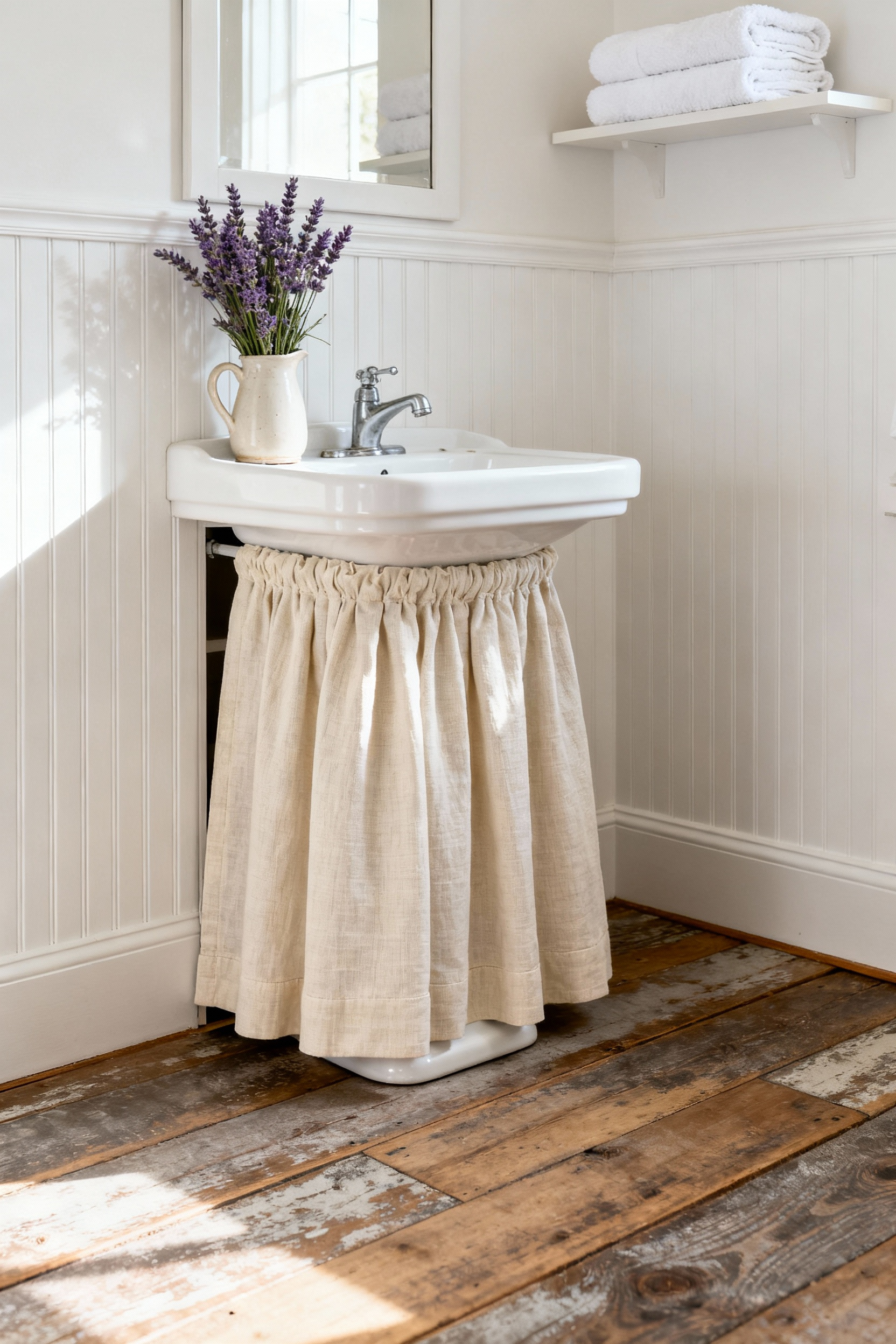 Detailed image of a cottage bathroom featuring a skirted sink made from heavy cream-colored cotton duck fabric, providing texture and concealing storage in a cozy, sunlit interior.