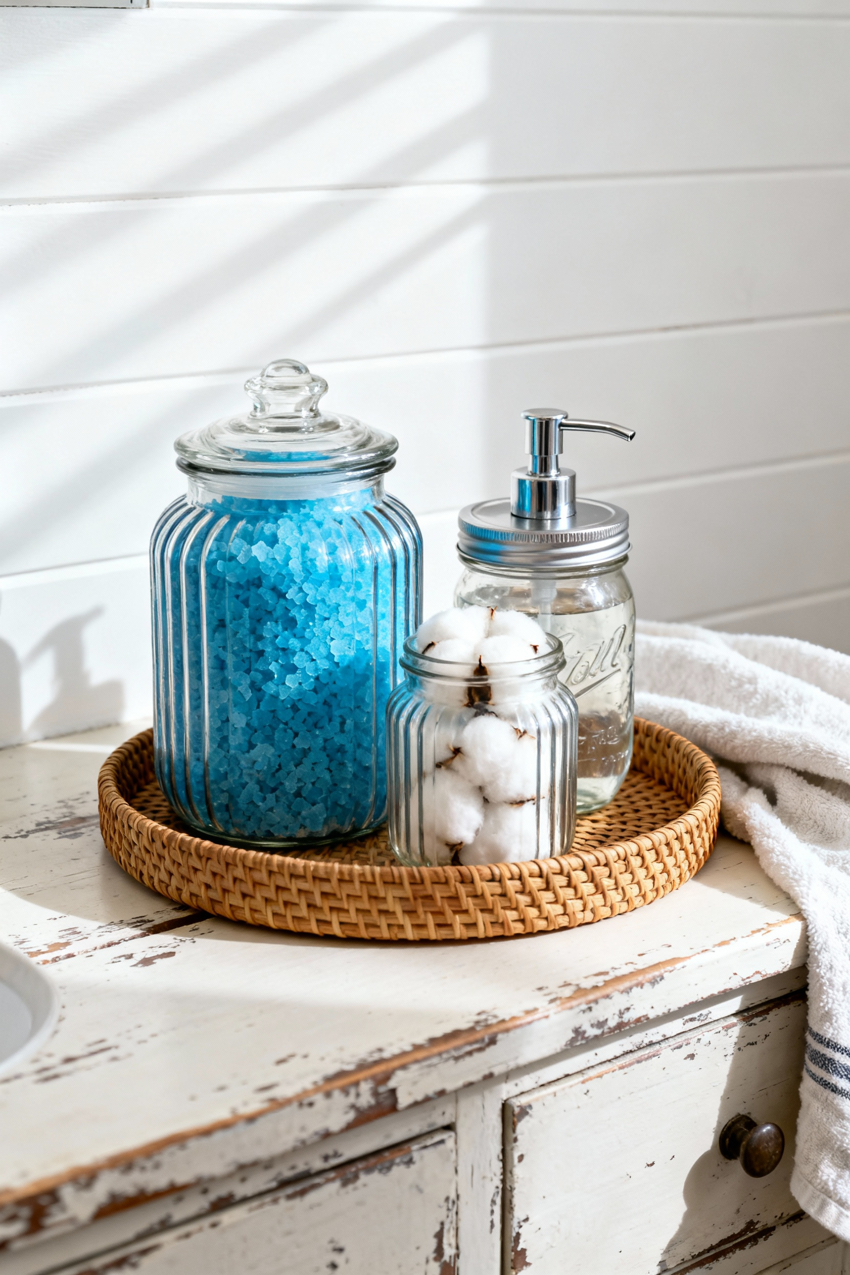 A collection of clear, ribbed, and Mason glass apothecary jars filled with cotton balls, bath salts, and liquid soap, sitting on a rustic wooden tray in a bright country farmhouse bathroom.