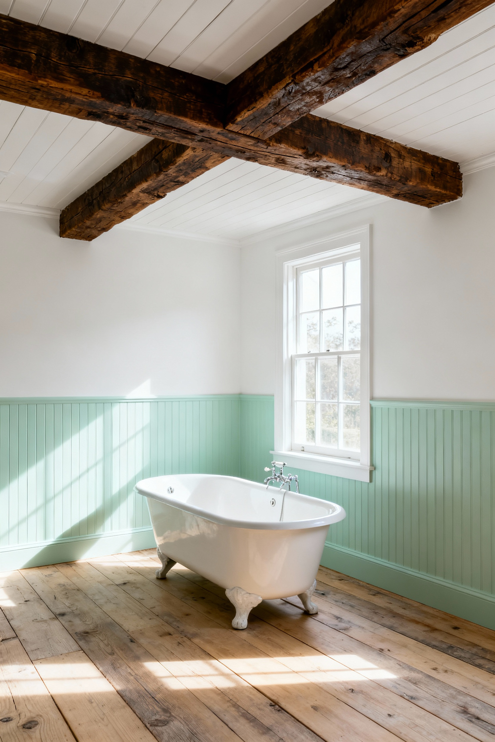 Spacious country farmhouse bathroom featuring mint green beadboard paneling, soft white walls, exposed dark reclaimed wooden ceiling beams, and a central white clawfoot tub under natural light.