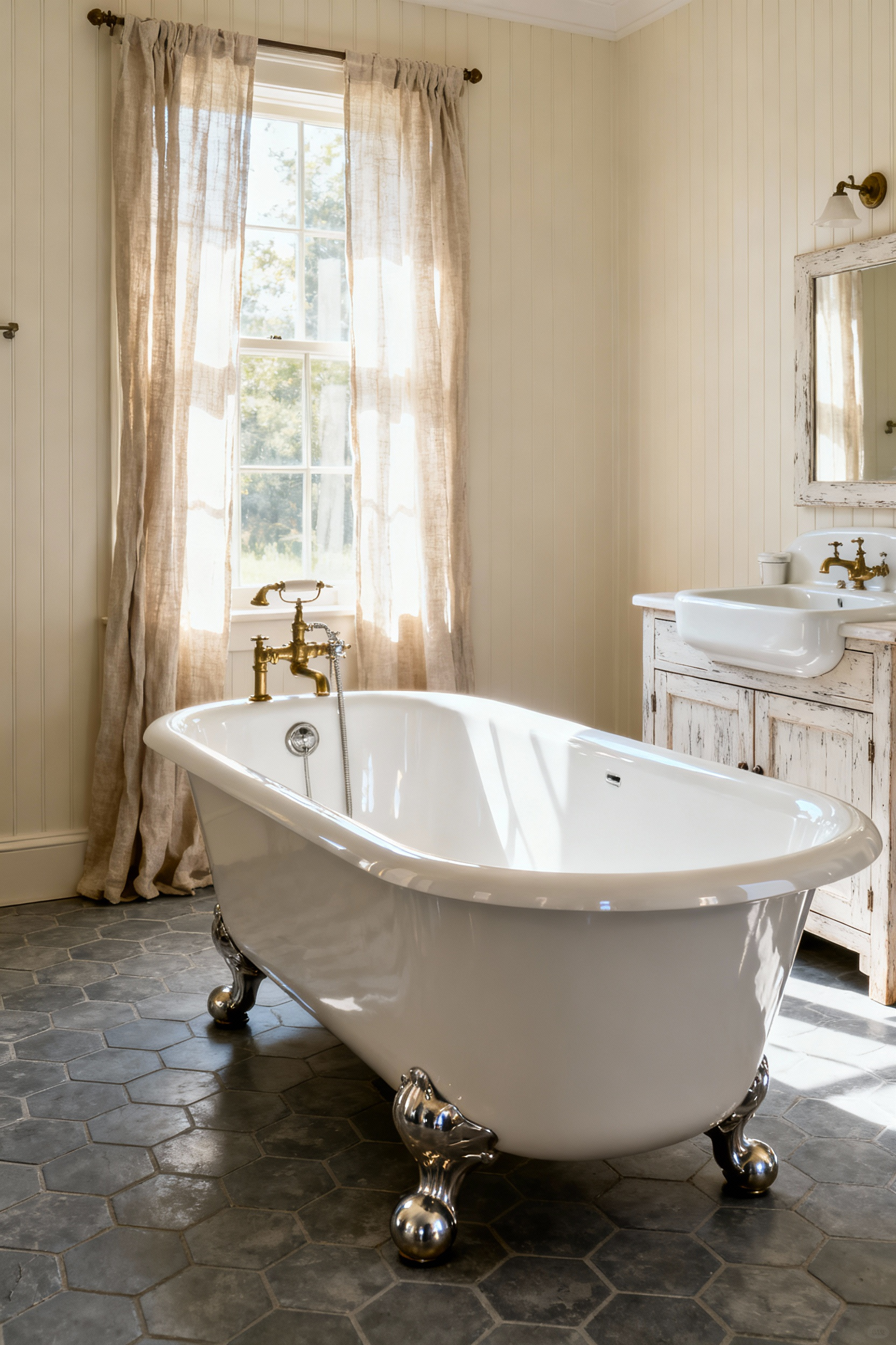Spacious country bathroom featuring a restored white cast-iron clawfoot tub and a substantial vintage ceramic farmhouse sink, set against cream beadboard walls and hexagonal tile flooring.
