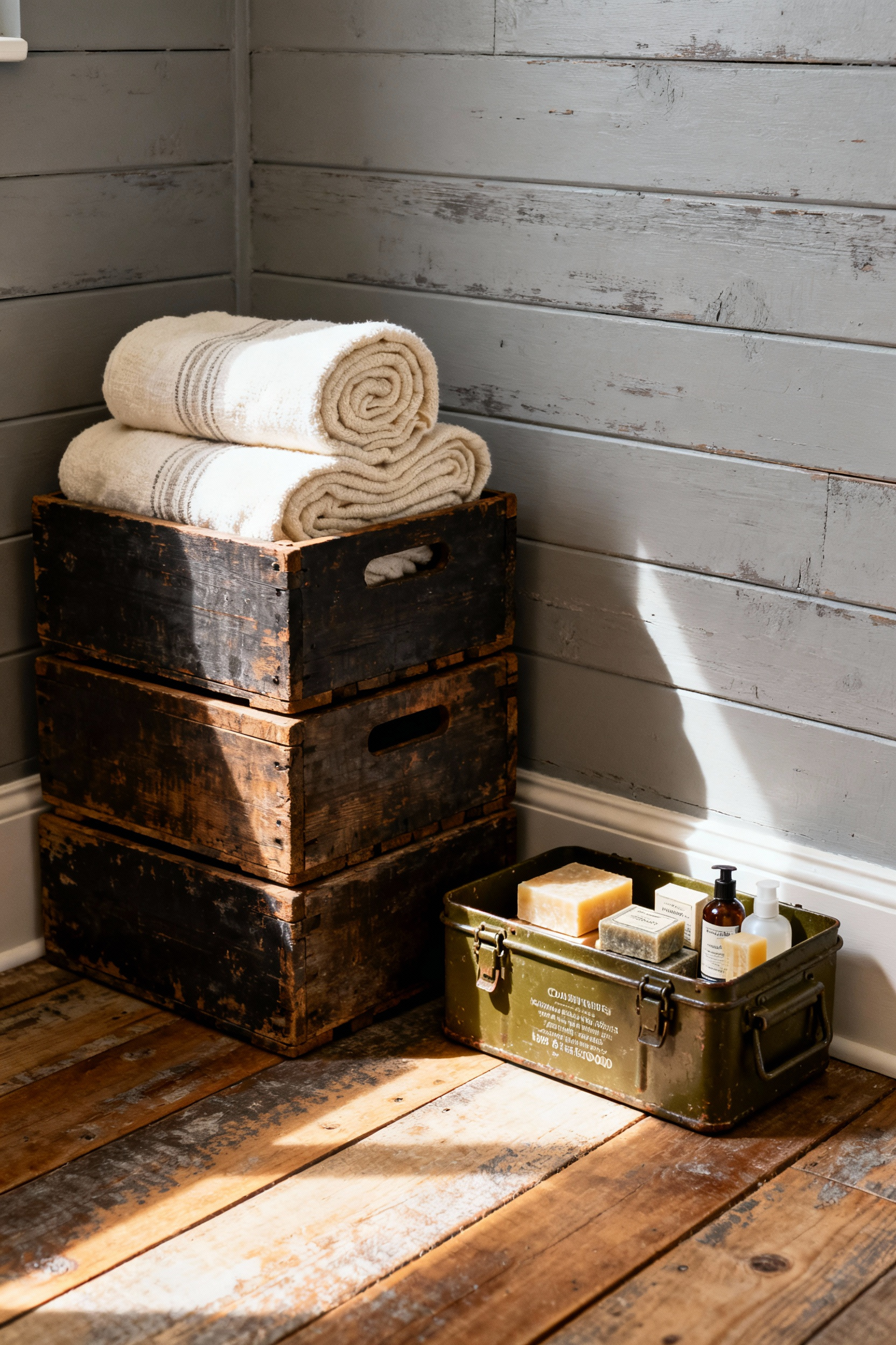Rustic country bathroom decor featuring curated accessories, including repurposed wooden crates and a vintage ammo box used for storing cream-colored rolled towels and natural soaps.