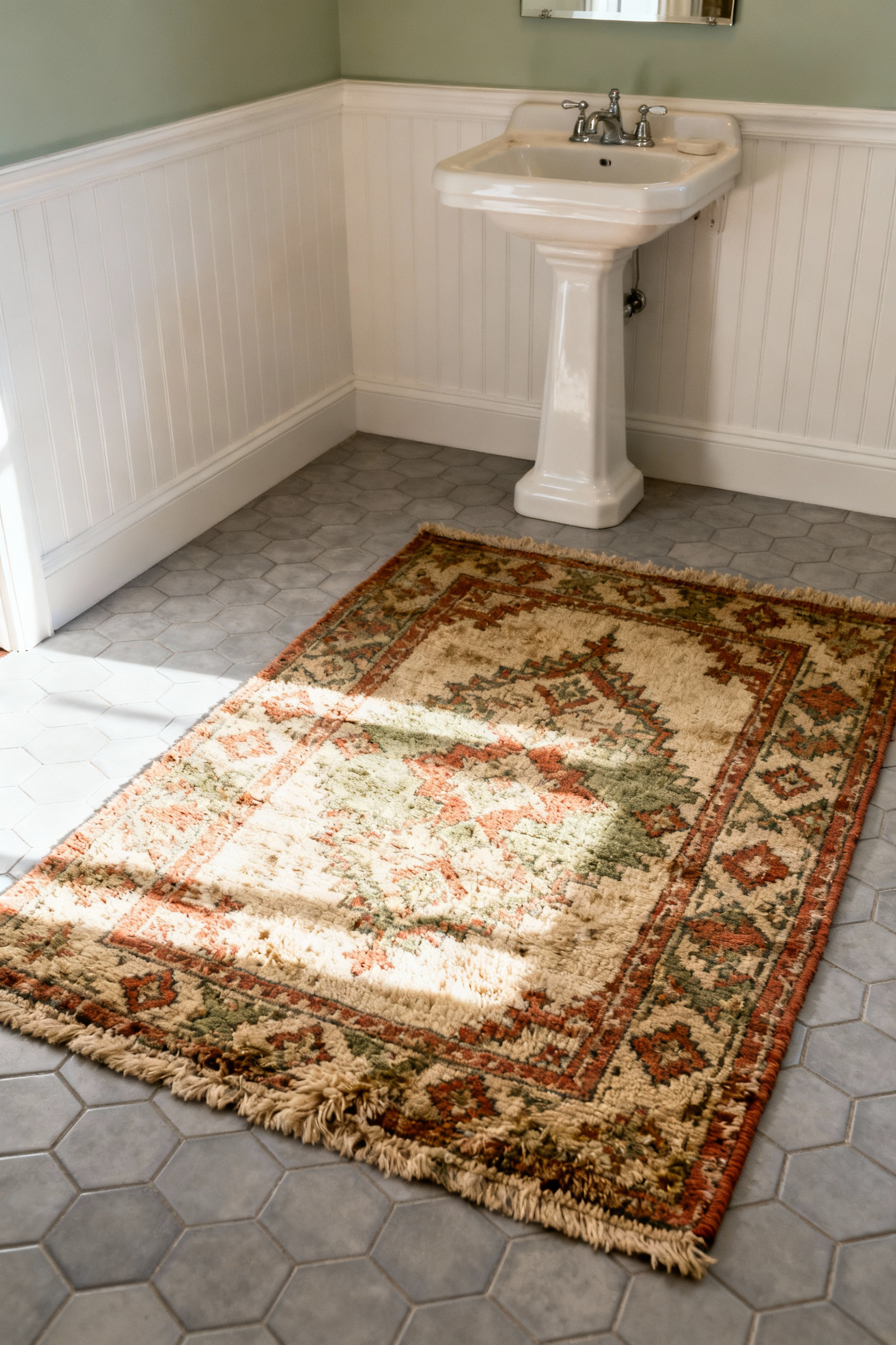 A vintage Turkish Oushak wool rug with muted terracotta and green tones lying on the tile floor of a bright country-style bathroom.