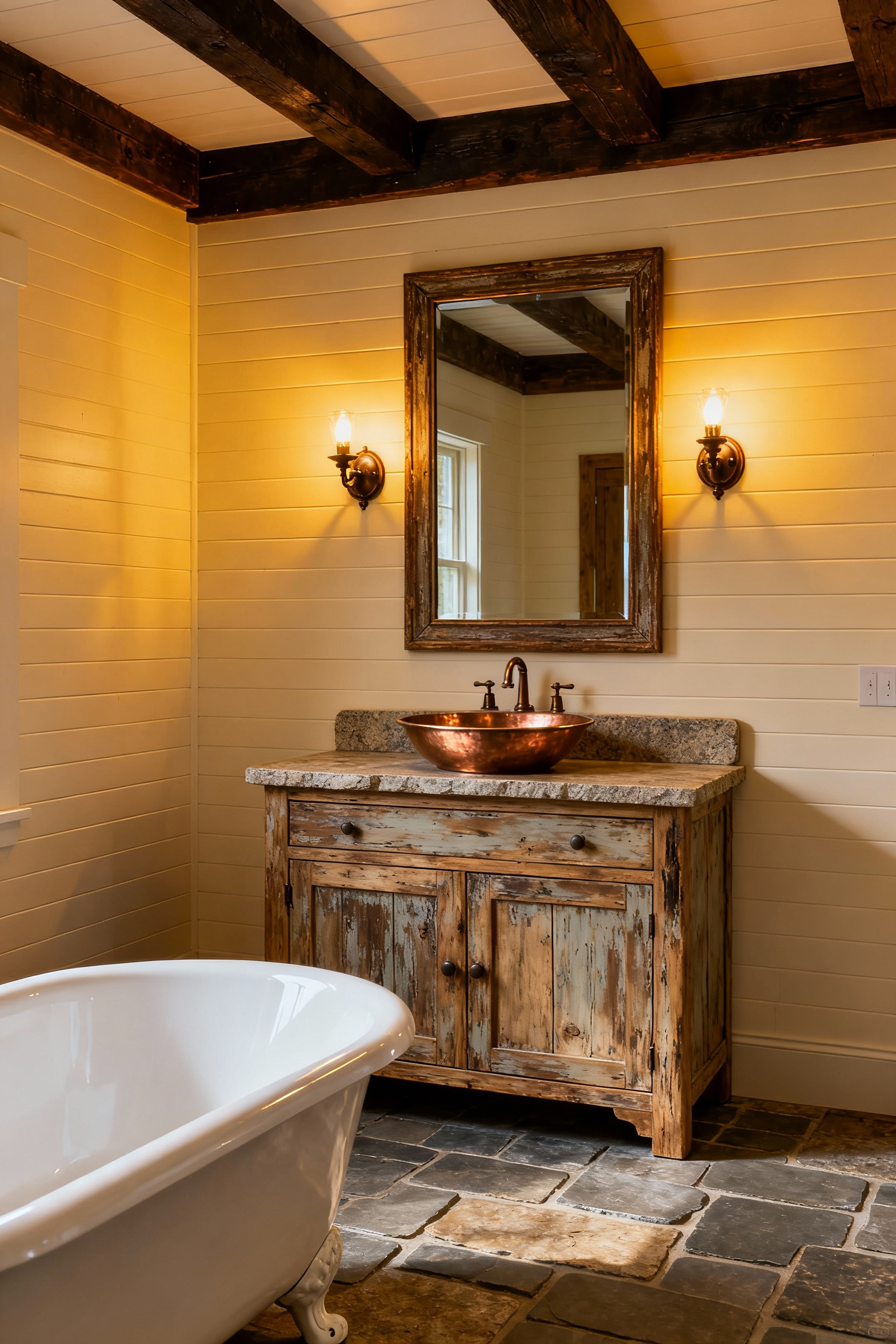 A warmly lit country bathroom featuring a clawfoot tub, distressed wood vanity, and soft yellow-toned sconce lighting, emphasizing a cozy and inviting ambiance.