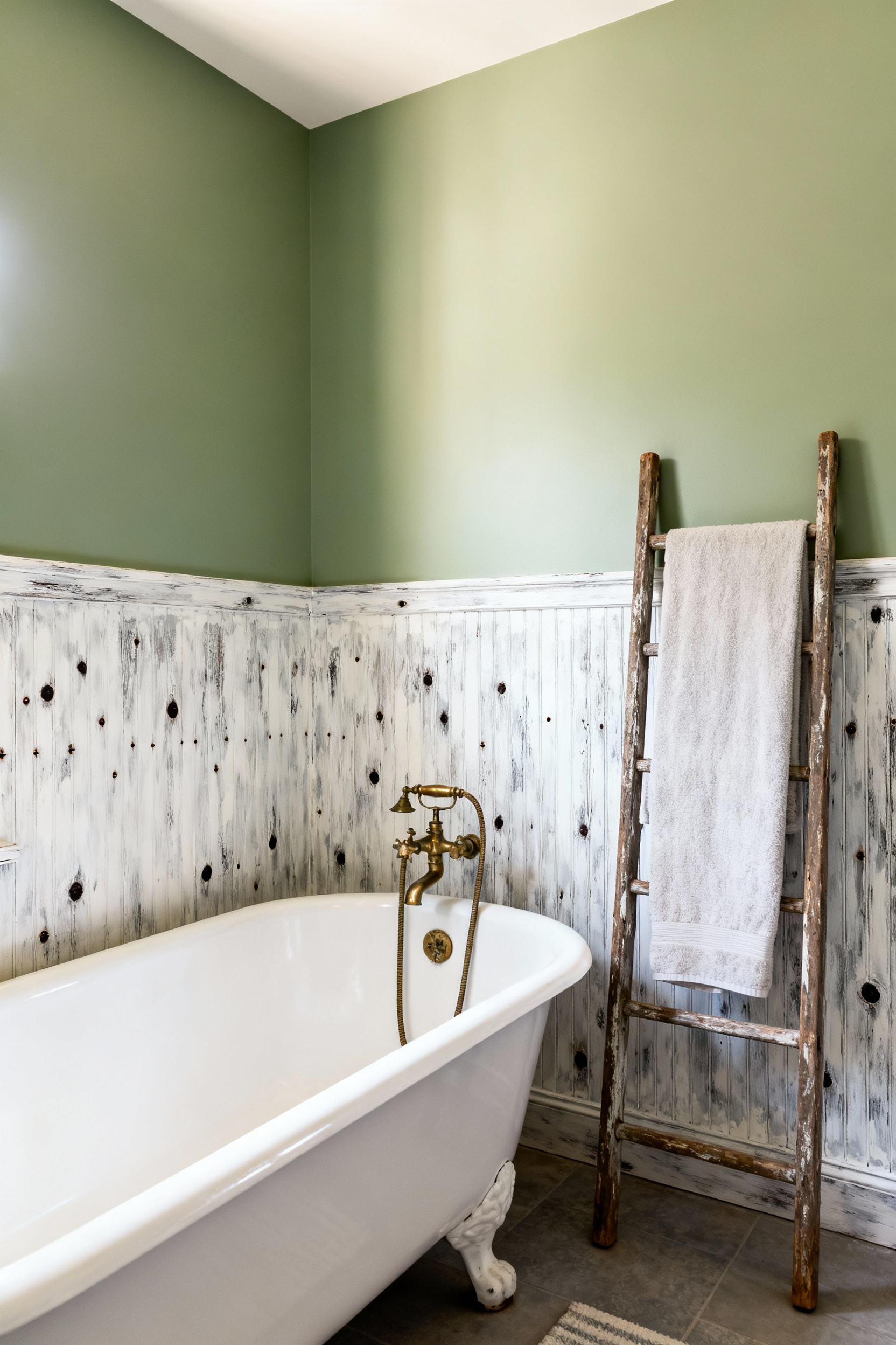 Rustic country bathroom featuring matte whitewashed beadboard wainscoting with visible wood grain and knots, a vintage clawfoot tub, and distressed wooden accents, highlighting an imperfect, cozy aesthetic.