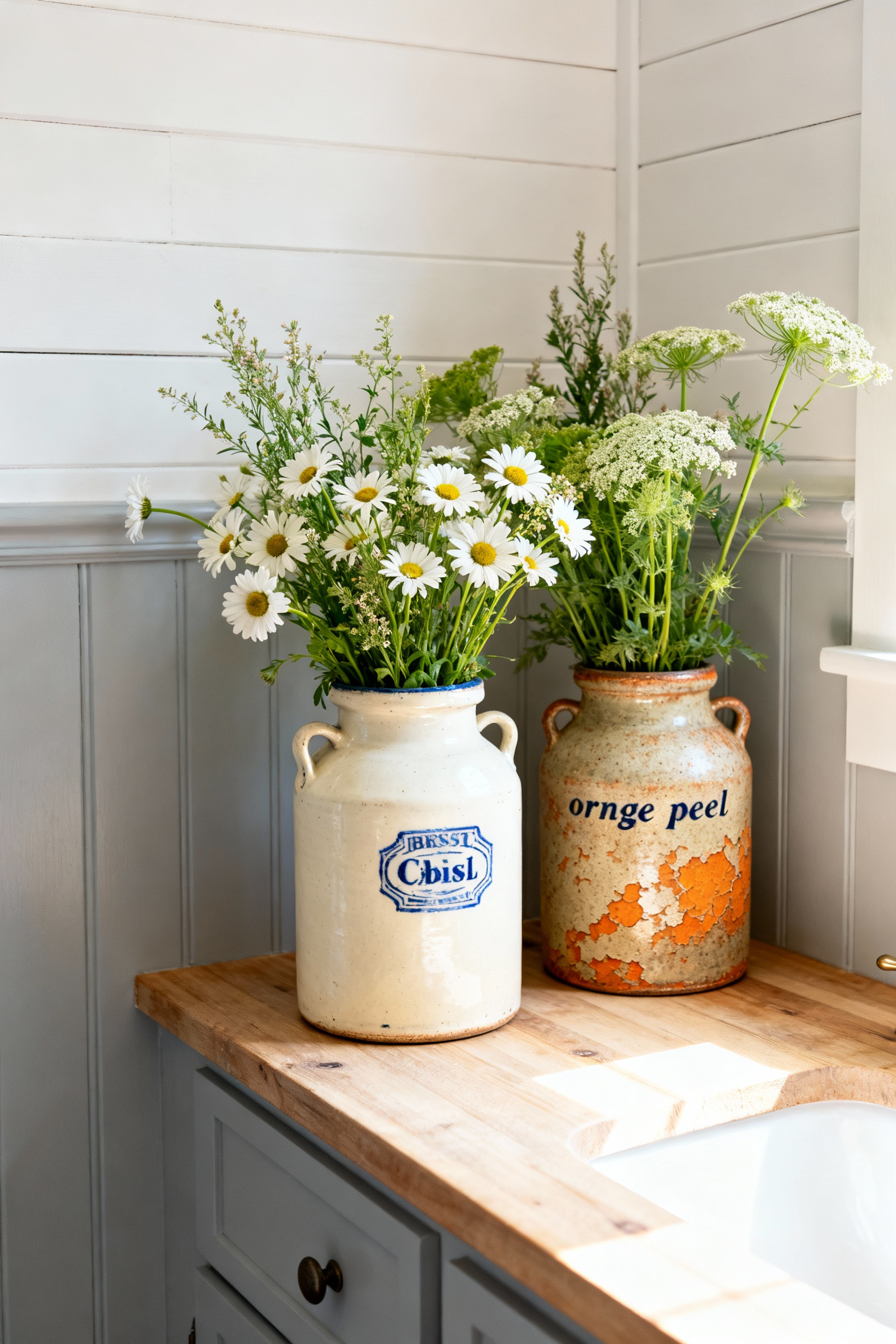 Small vintage stoneware crocks filled with fresh white wildflowers sitting on a wooden vanity in a bright country bathroom with shiplap walls.