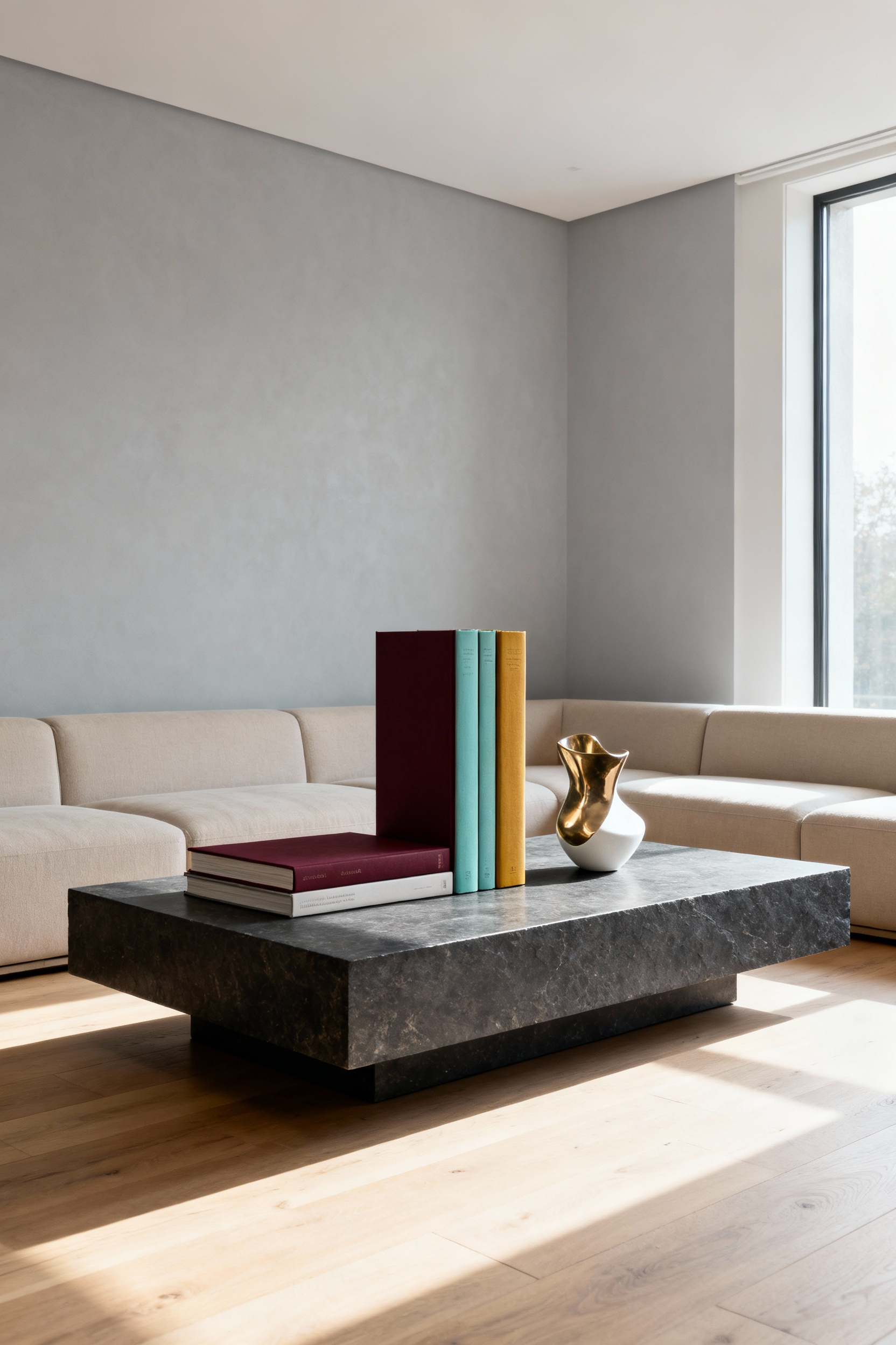 A photograph of a modern living room centerpiece featuring a dark stone coffee table meticulously styled with a minimalist sculptural vignette, stacked colorful art books, and a neutral sectional sofa.