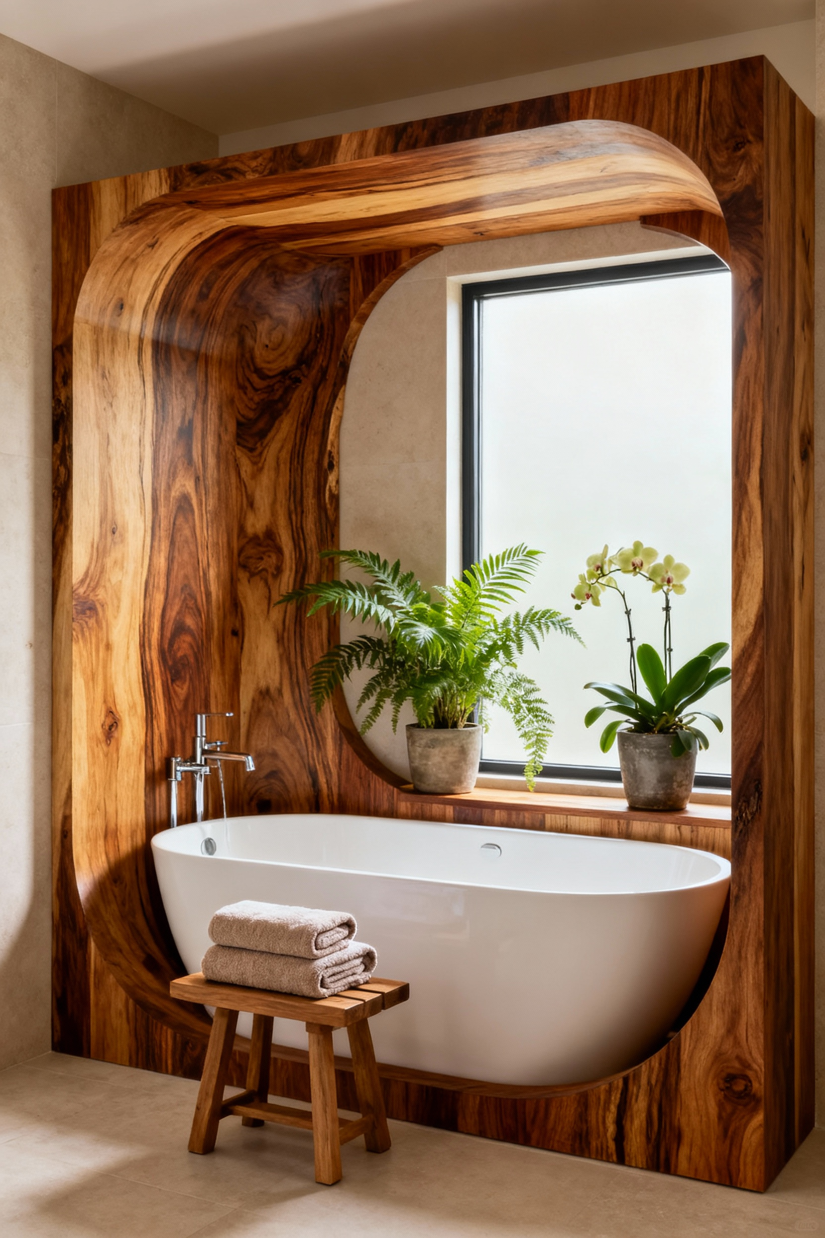 A luxurious bathroom showcases a custom-built architectural wood bathtub surround crafted from rich, natural wood around a freestanding white tub, creating a serene, biophilic spa-like sanctuary bathed in soft natural light with subtle green plant accents.