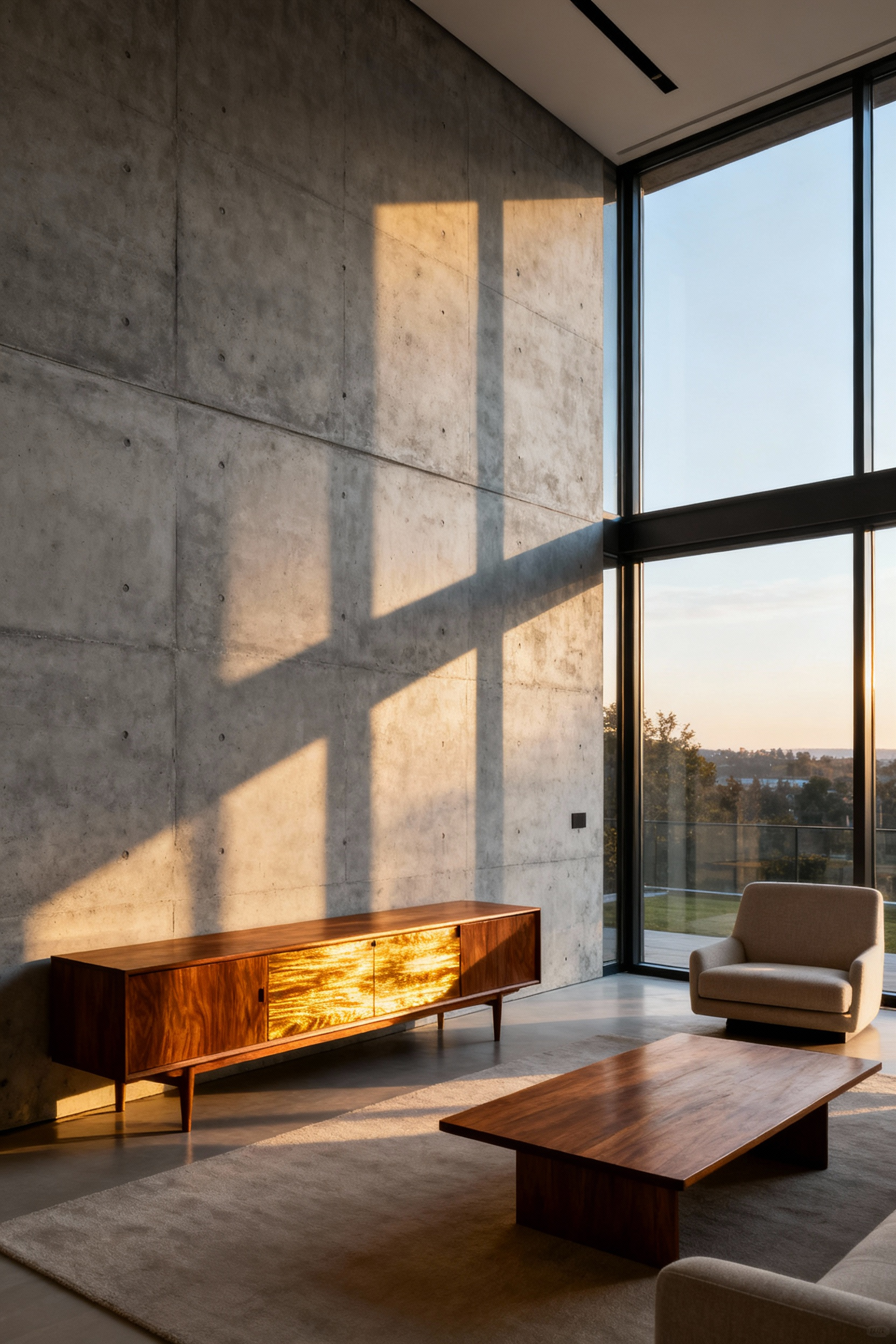 A modern living room featuring a golden teak sideboard and walnut coffee table set against a cool concrete wall and large window, showcasing the warmth of mid-century timbers.