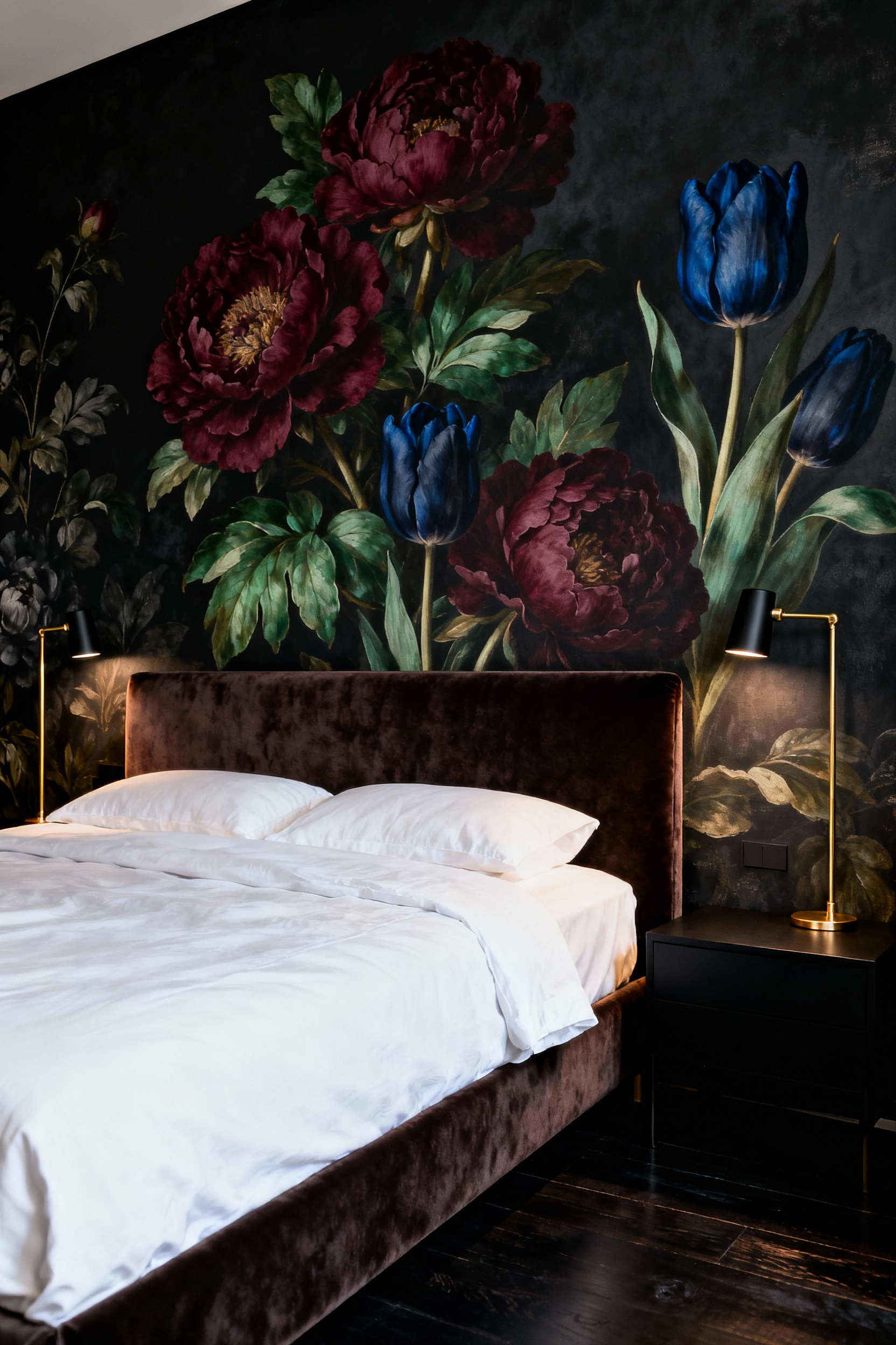 Master bedroom wall covered in moody dark floral 'Night Garden' wallpaper featuring oversized peonies and tulips against a charcoal black background behind a velvet headboard.