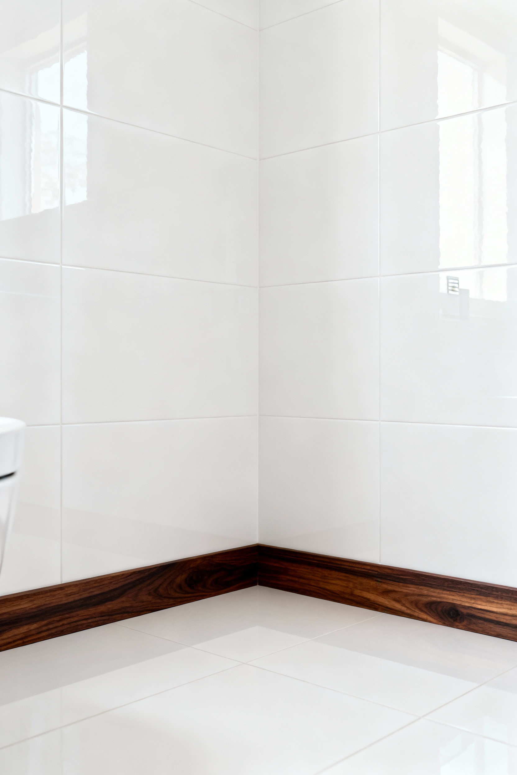 Minimalist bathroom interior featuring pristine white large-format wall tiles contrasted with a continuous, dark matte wood base trim, creating a visually grounded and serene space.