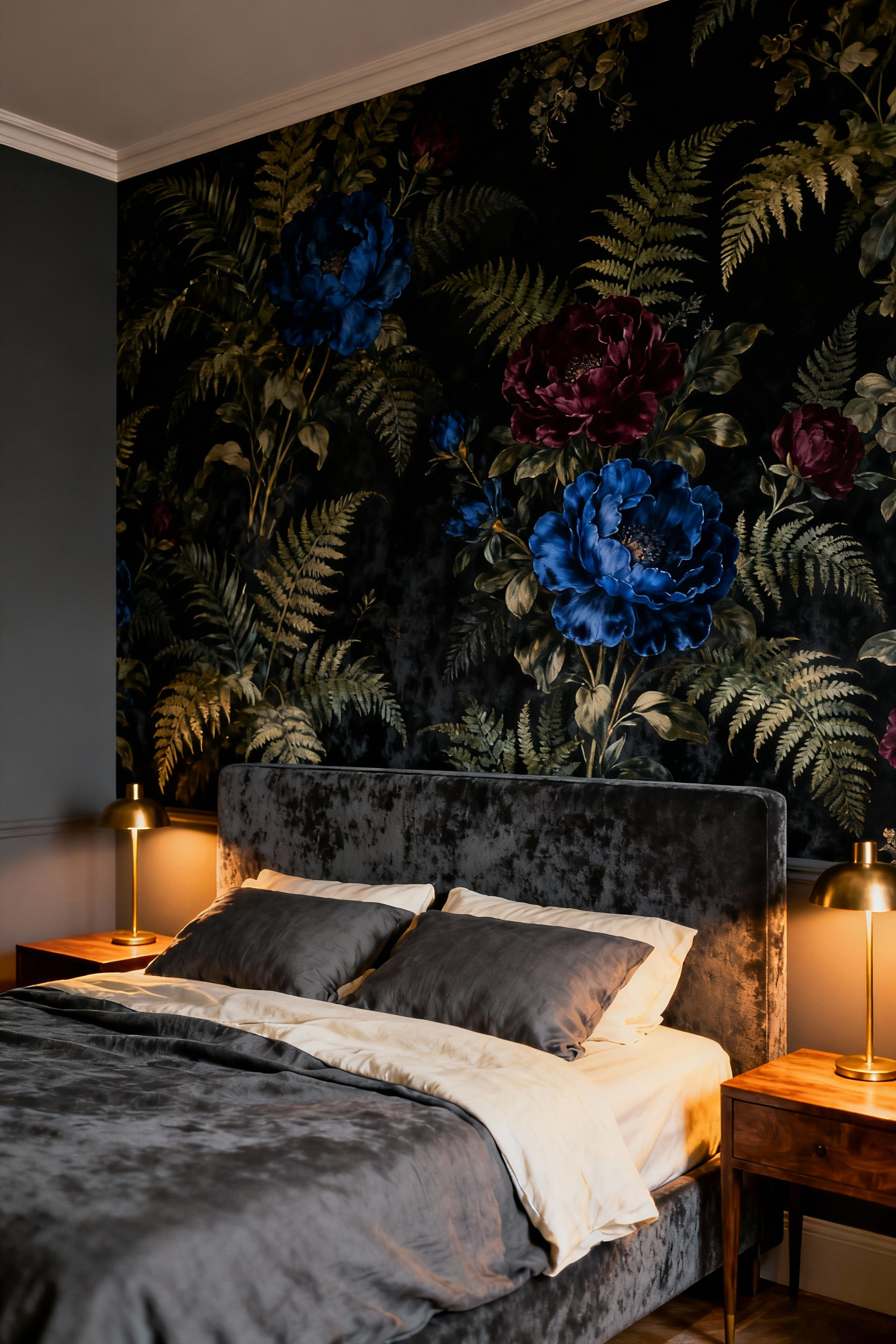 Luxurious bedroom featuring a dark botanical wallpaper accent wall behind the headboard in the "Dutch Masters Effect," with dense ferns and flowers on a charcoal background, emphasizing a moody and intimate retreat.