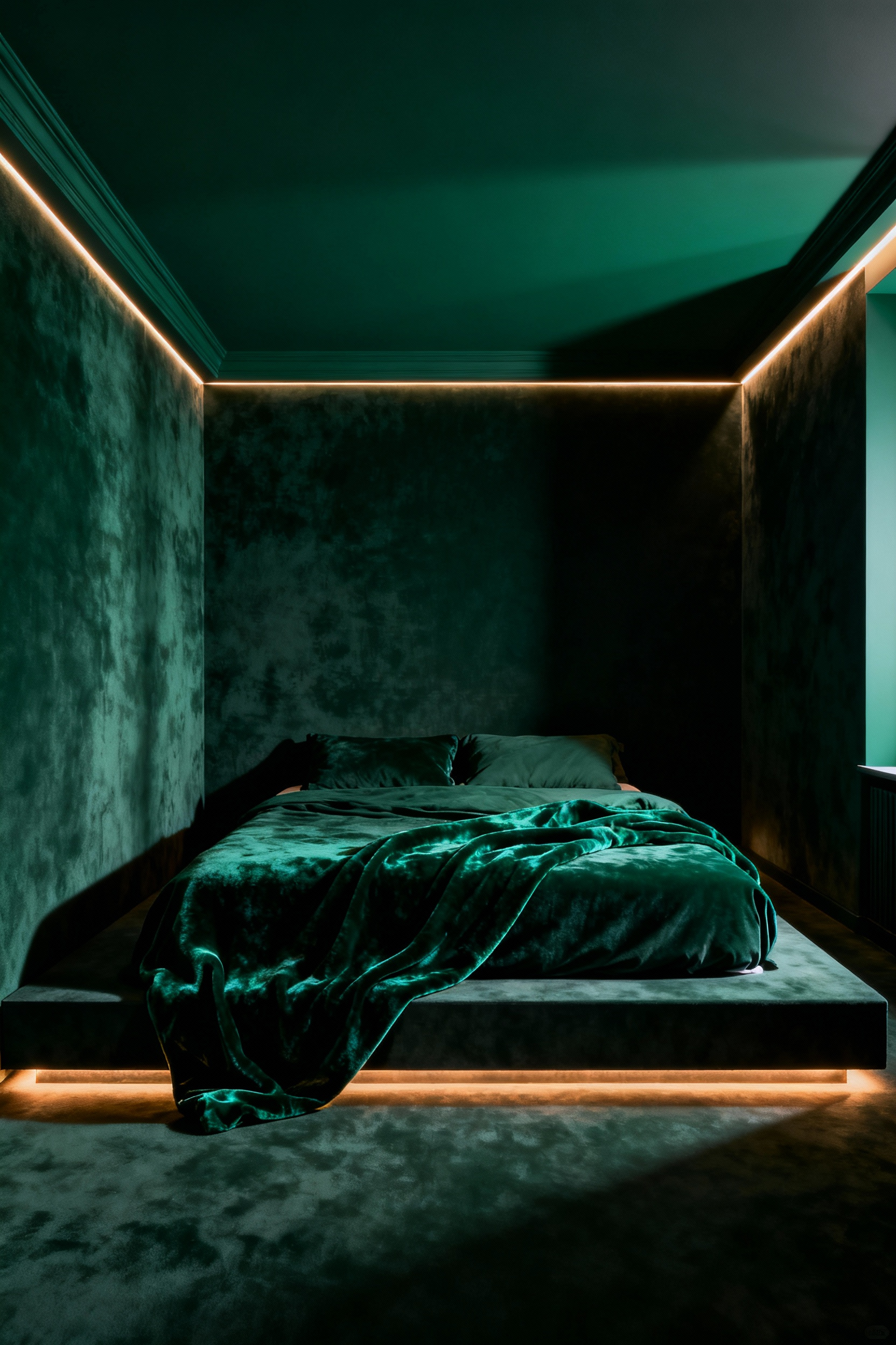 A modern bedroom painted entirely in deep, matte forest green, including the ceiling, creating an immersive, enclosed, monochromatic cocoon aesthetic.