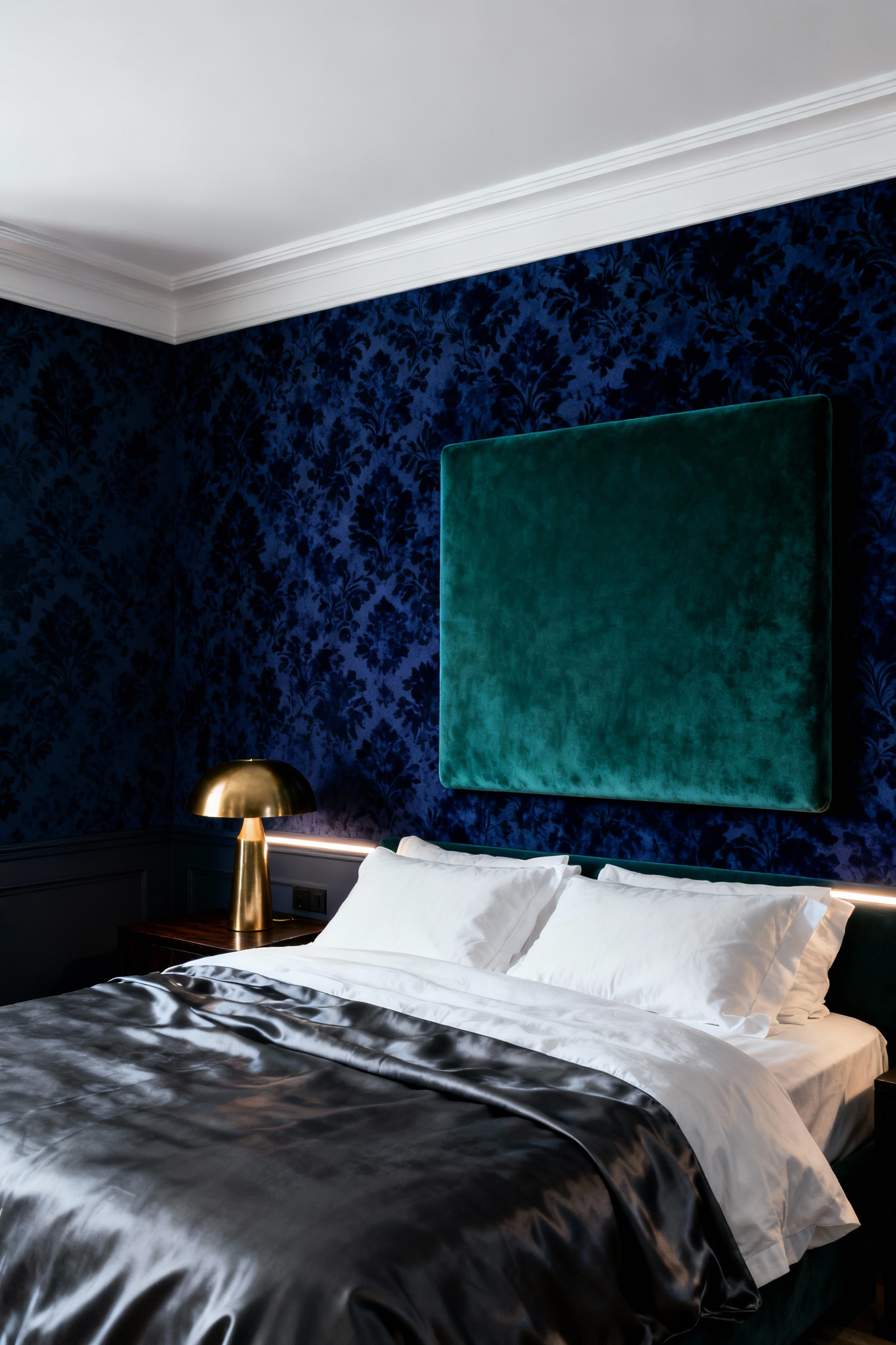 Dramatic bedroom accent wall featuring midnight sapphire blue velvet flock wallpaper contrasted sharply with white high-gloss trim, anchoring a rich emerald green velvet headboard.