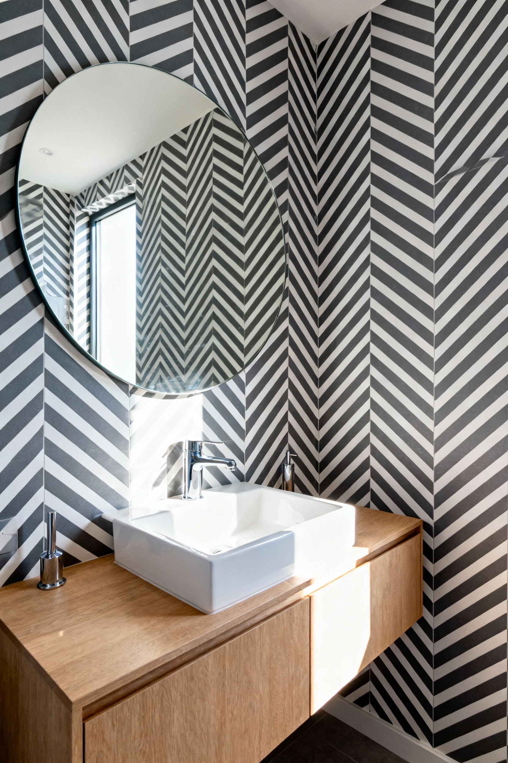 A small ensuite bathroom featuring a dynamic charcoal and white herringbone wallpaper set on a diagonal bias, designed to visually maximize the perception of height and width.