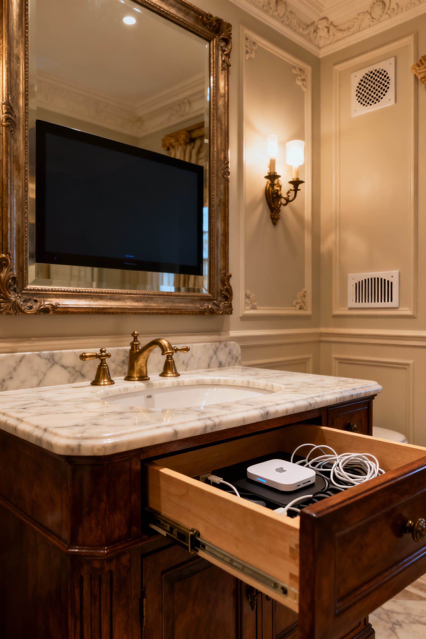 Traditional bathroom interior featuring a luxurious marble vanity with a hidden charging drawer and an antique-style mirror concealing a smart display, exemplifying discreet technology integration.