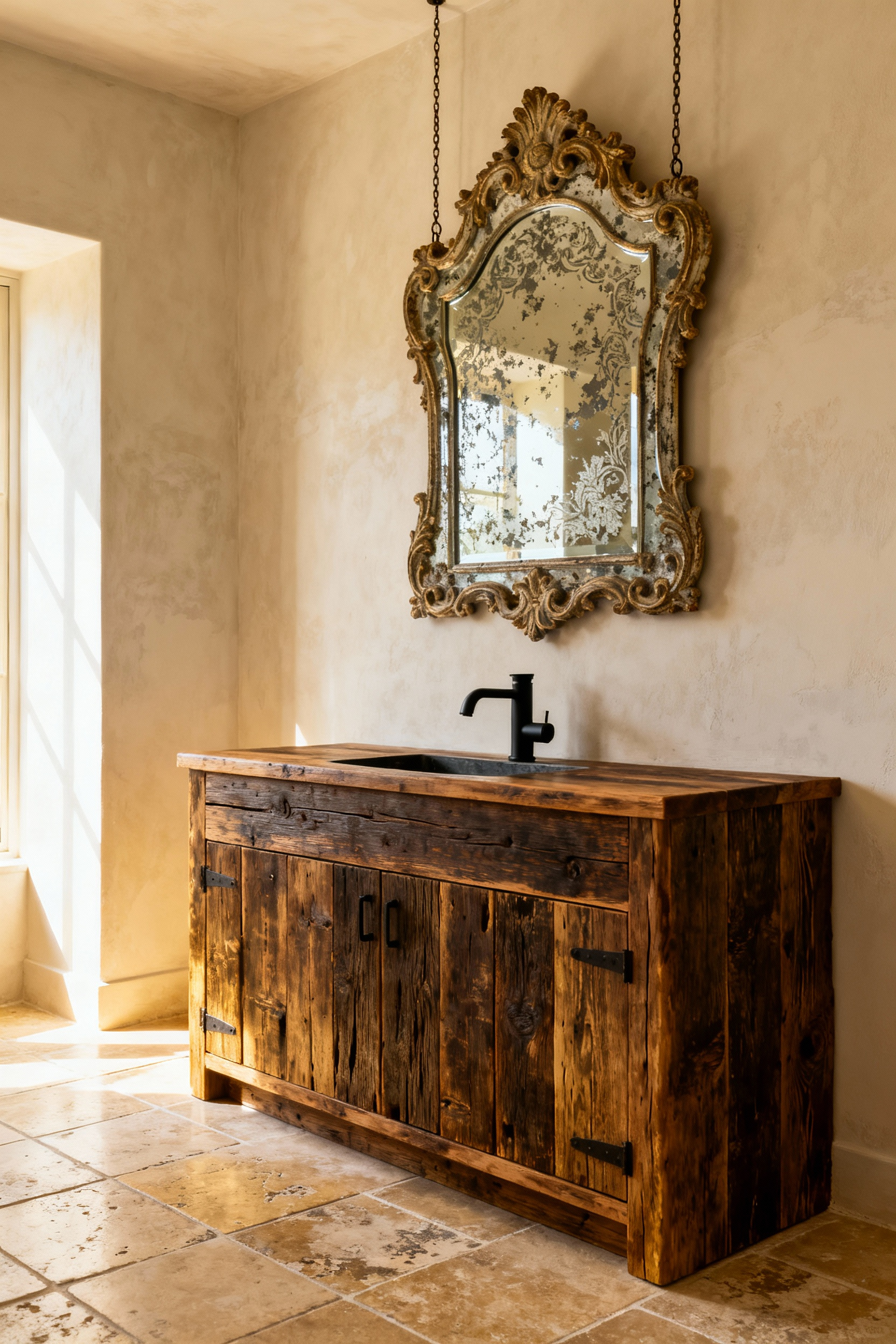 A refined farmhouse bathroom featuring a heavily distressed antique Venetian mirror hung above a raw reclaimed wood vanity and matte-black fixtures creating a striking rustic contrast.